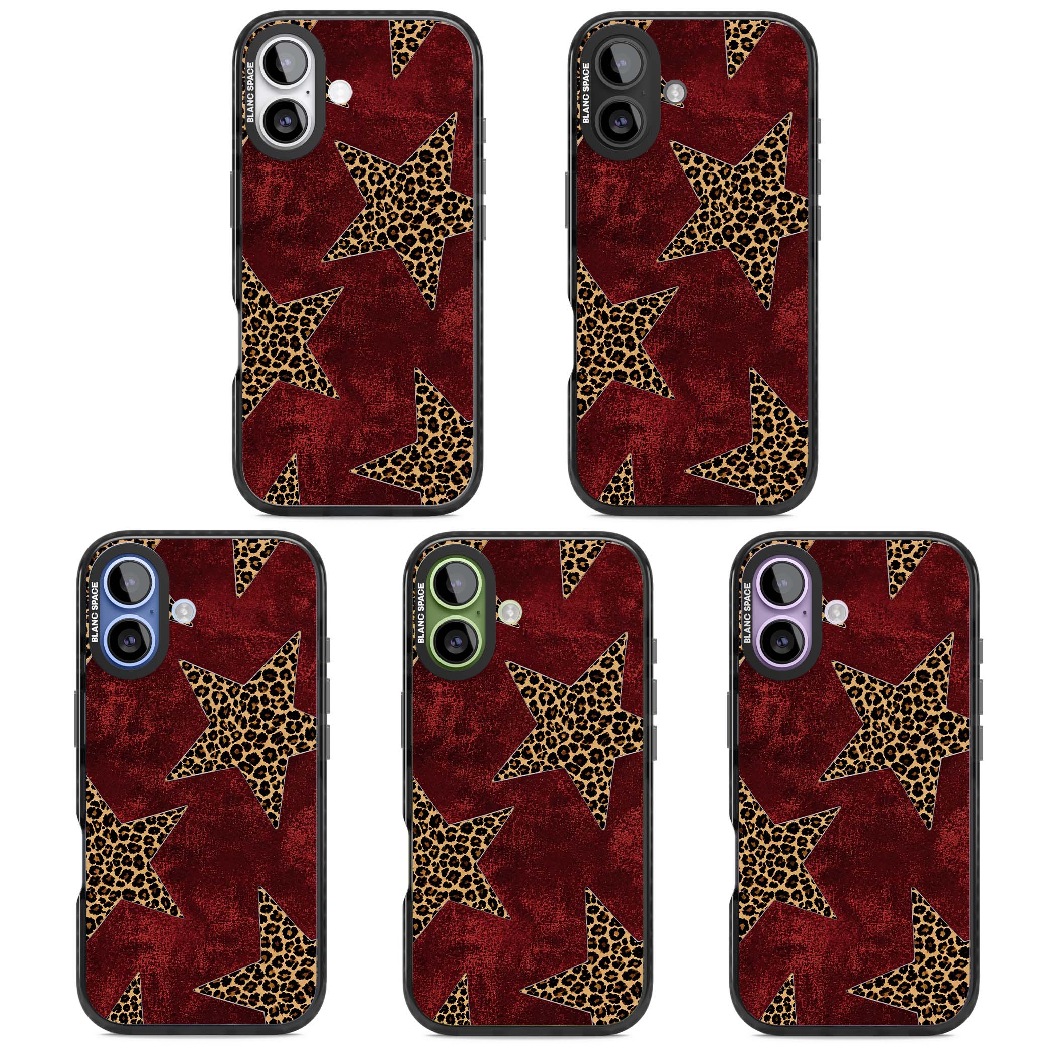 Showgirl leopard print iPhone case featuring cheetah print stars on distressed red grunge background | Clear Impact case for iPhone 17