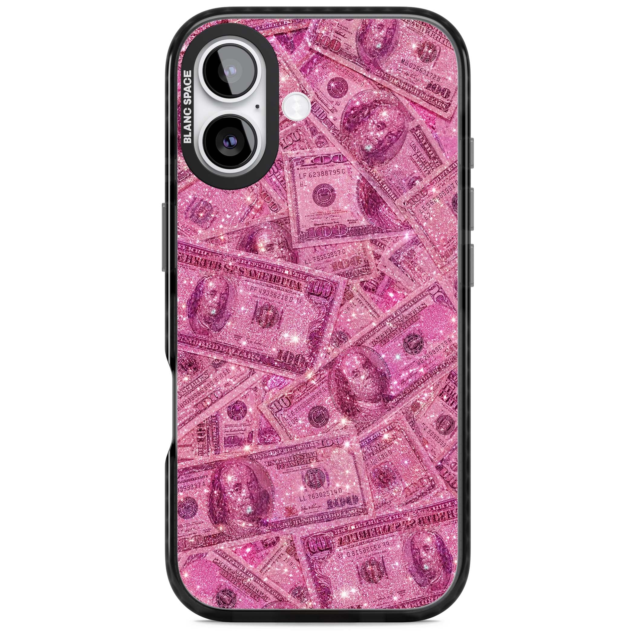 Glamorous baddie iPhone case featuring pink glitter hundred dollar bills and sparkling money wallpaper design | Clear Impact case for iPhone 17
