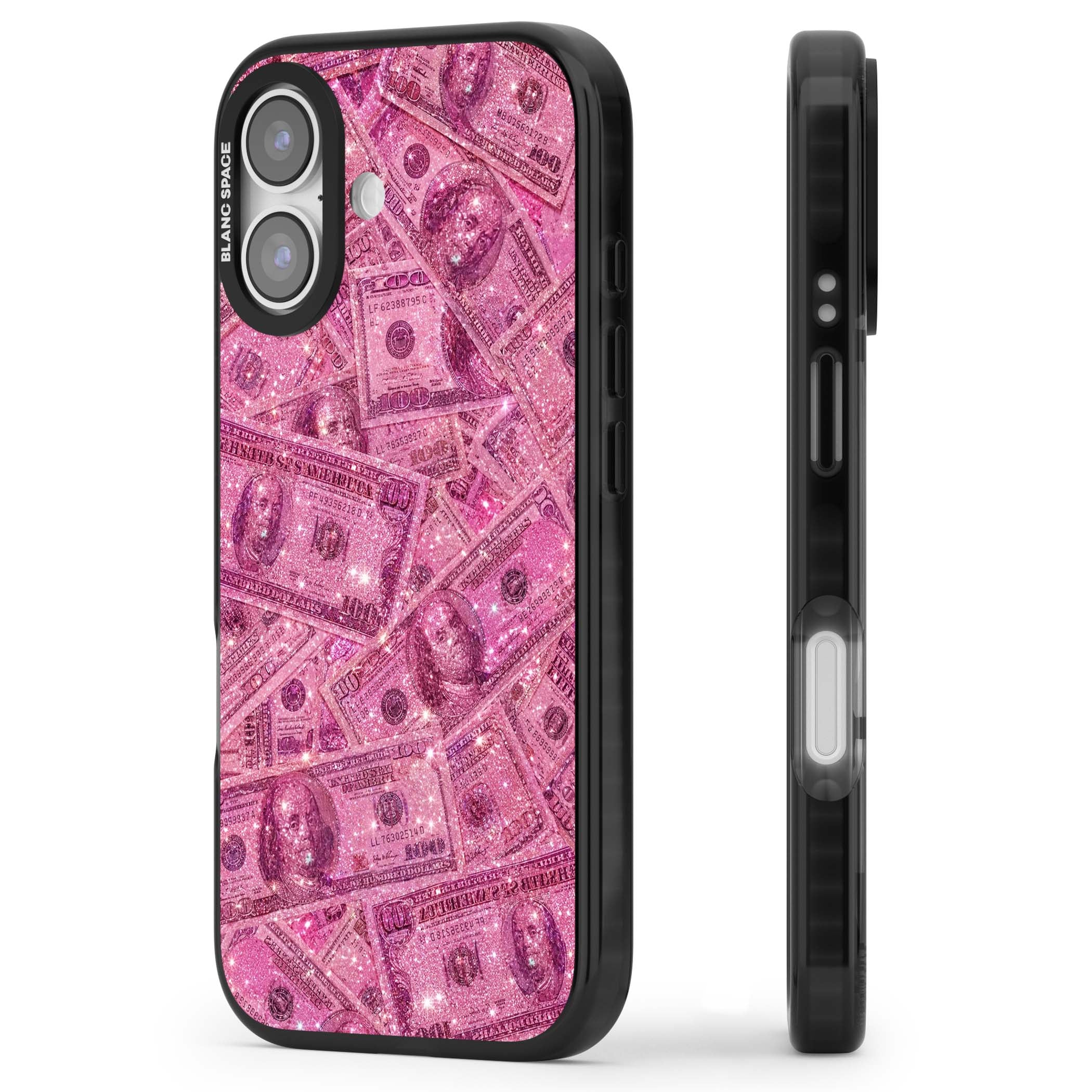 Glamorous baddie iPhone case featuring pink glitter hundred dollar bills and sparkling money wallpaper design | Clear Impact case for iPhone 17