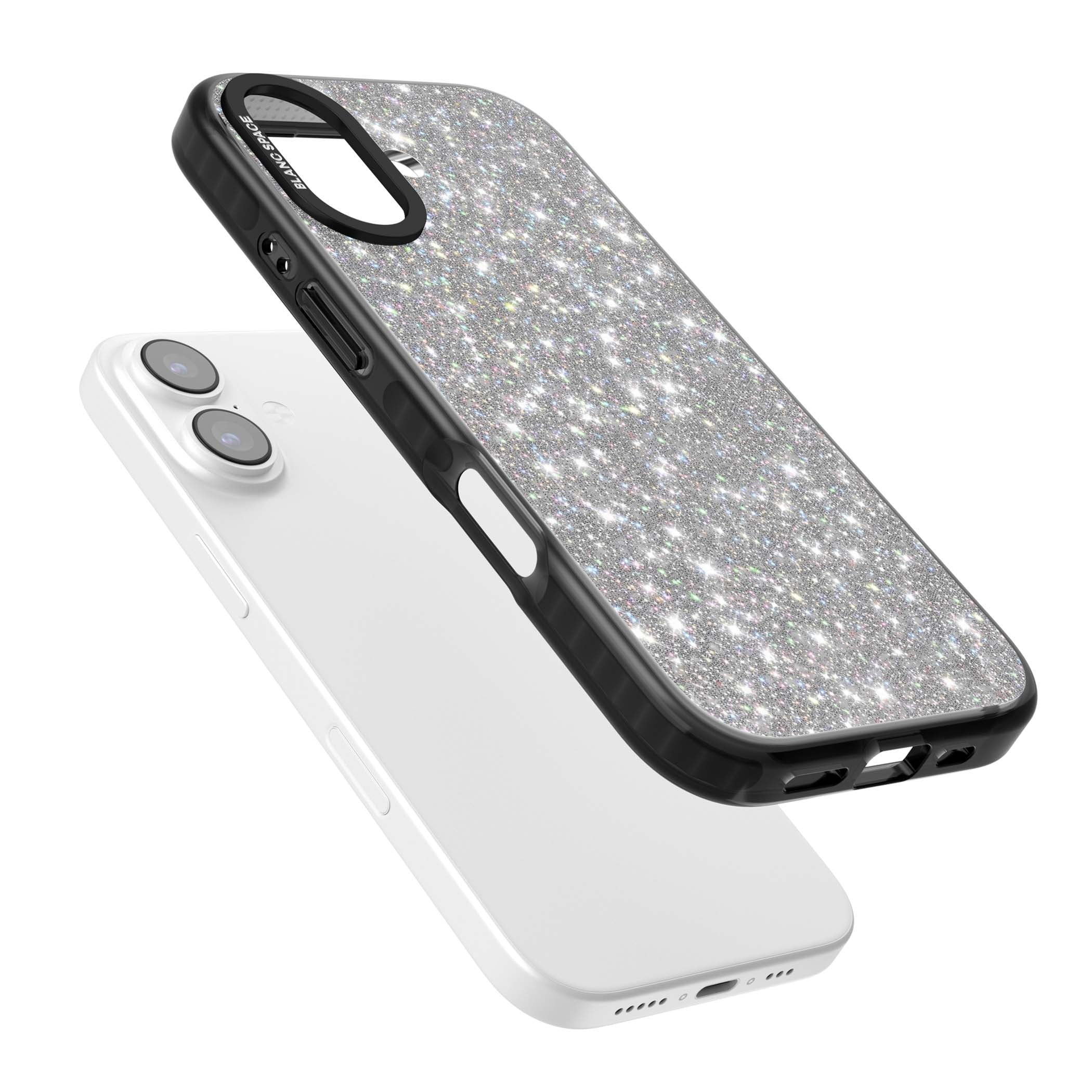 Diamond glam iPhone case featuring silver glitter sparkle and shimmering diamond dust effect | Clear Impact case for iPhone 17