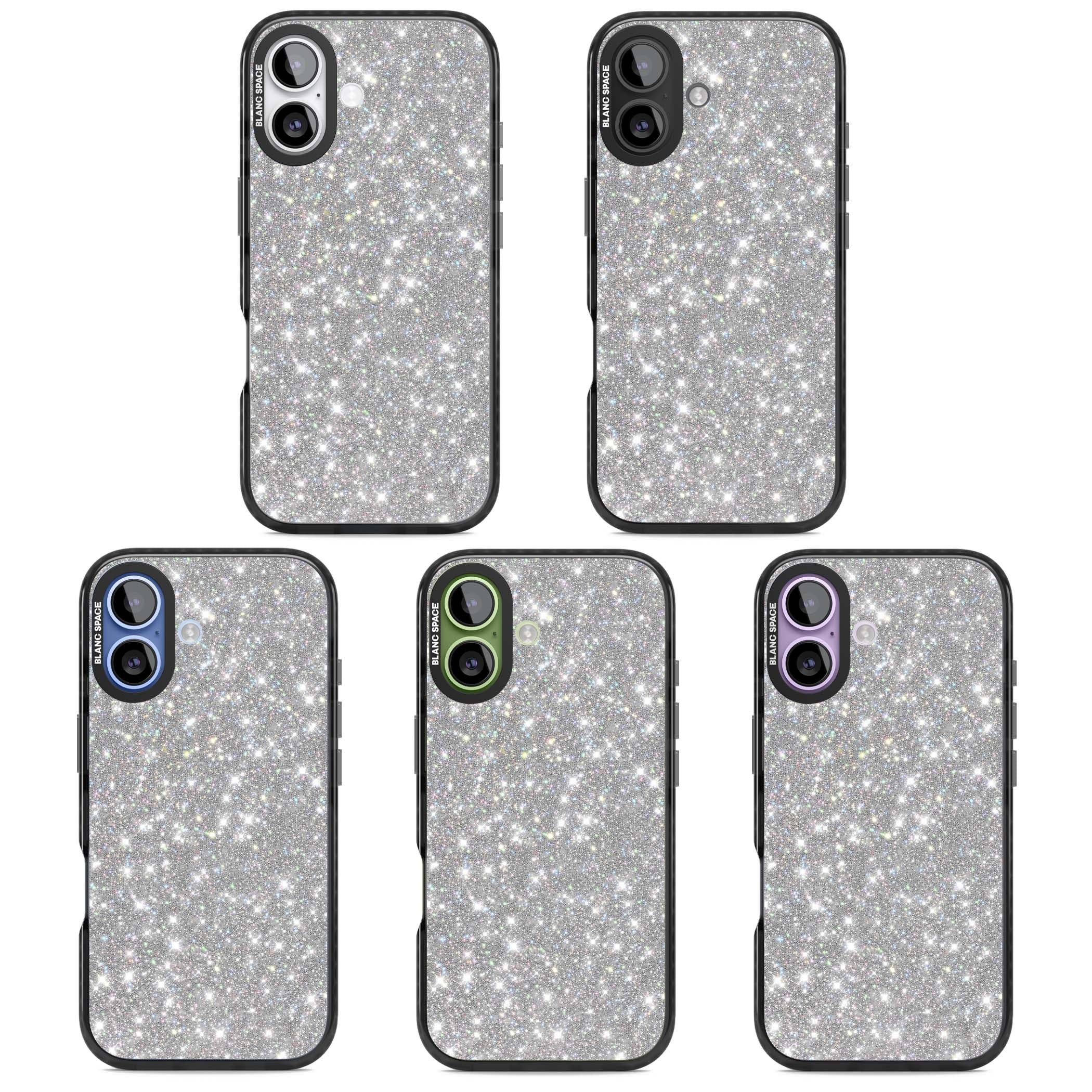Diamond glam iPhone case featuring silver glitter sparkle and shimmering diamond dust effect | Clear Impact case for iPhone 17