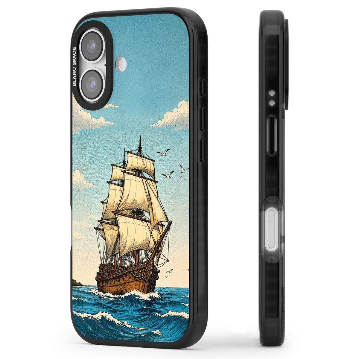 Ship at Sea nautical iPhone case featuring a vintage tall ship, ocean waves and seagulls | Clear Impact case for iPhone 17