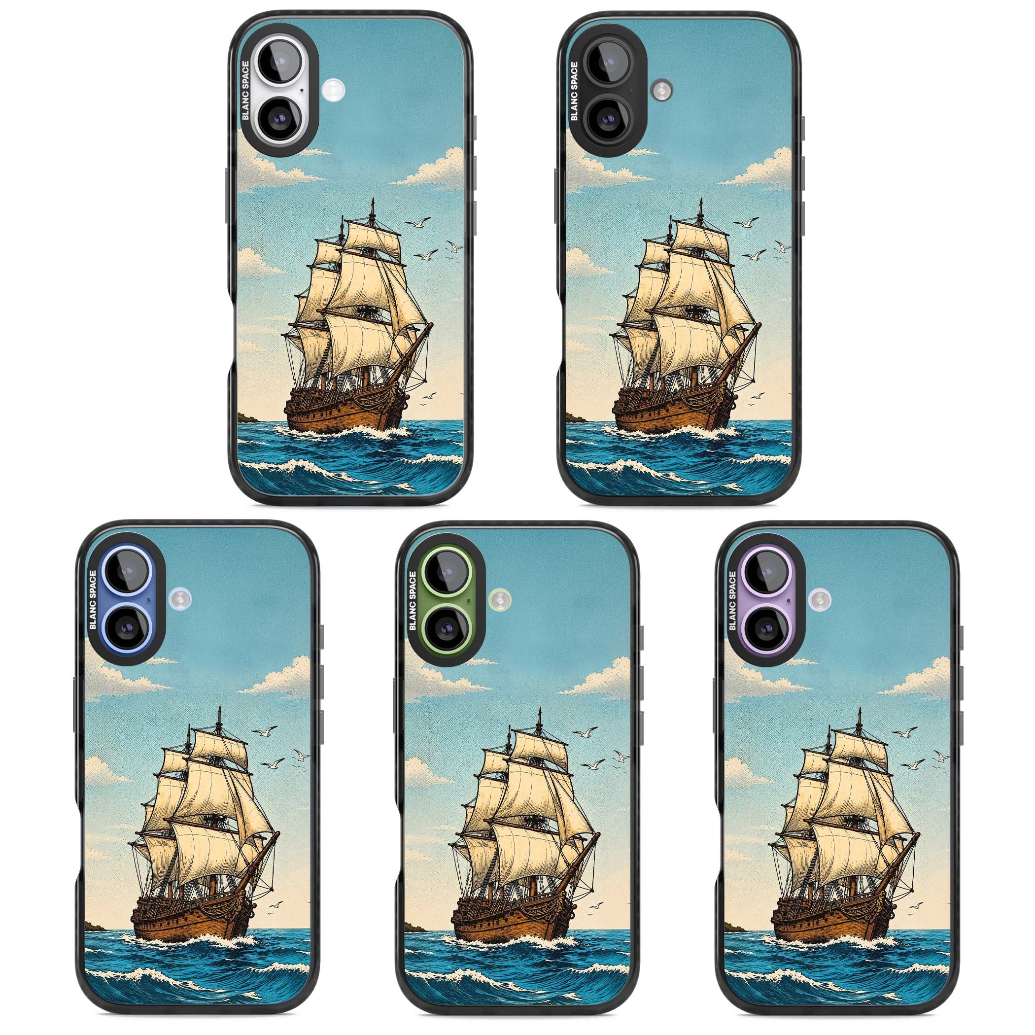 Ship at Sea nautical iPhone case featuring a vintage tall ship, ocean waves and seagulls | Clear Impact case for iPhone 17
