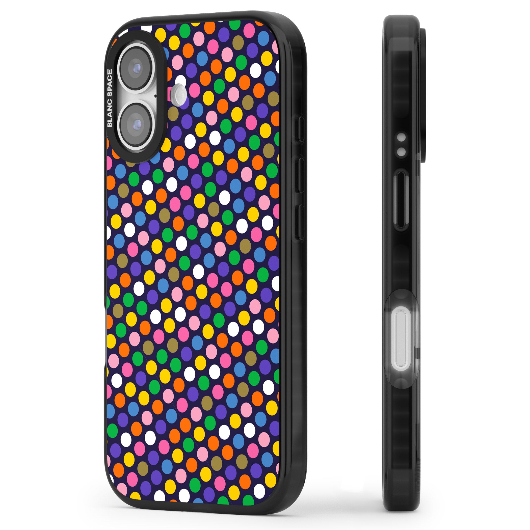 Multicolour Polka Dot Fiesta (Purple) iPhone 17 Impact Black Phone Case Side Profile