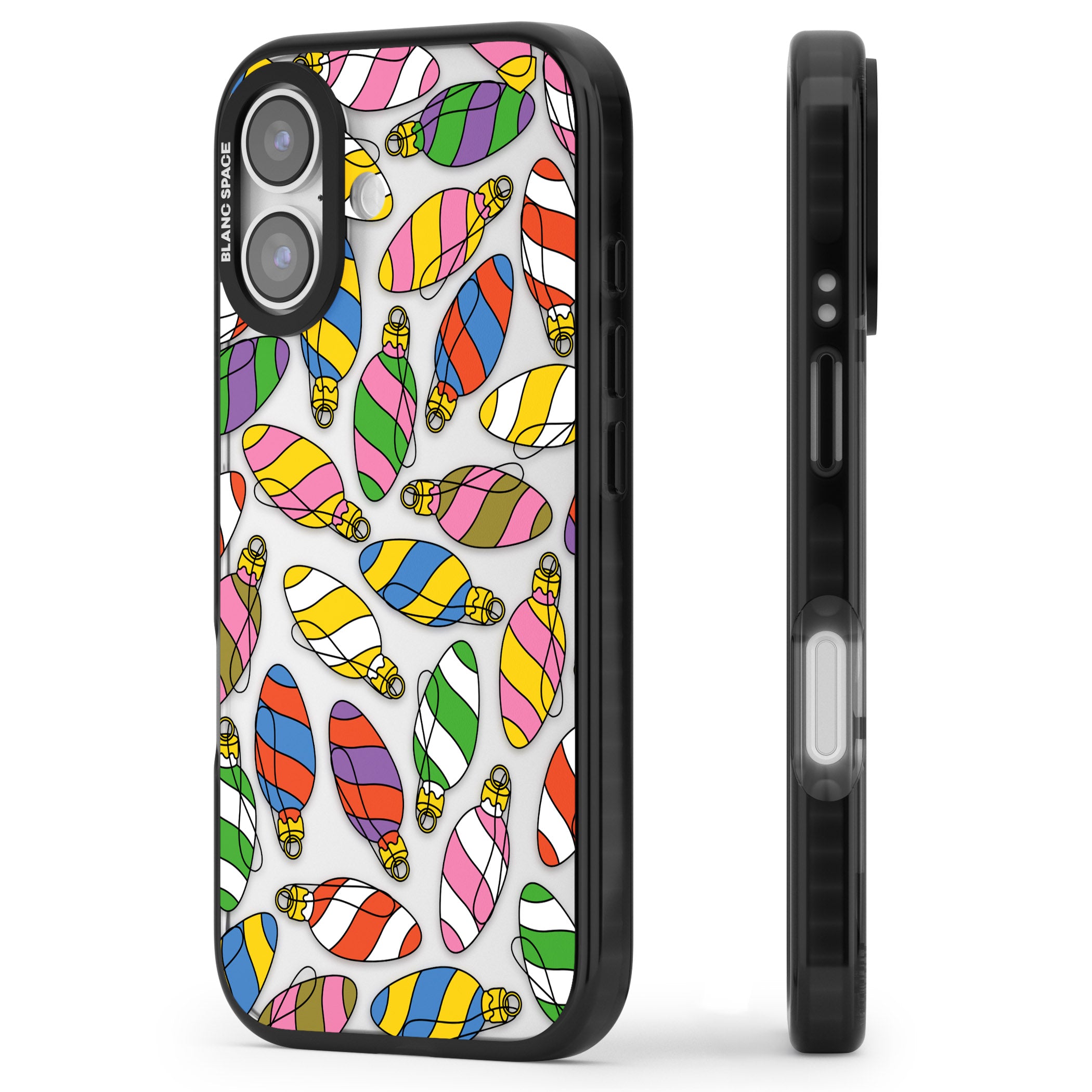 Colourful Holiday Ornaments iPhone 17 Impact Black Phone Case Side Profile