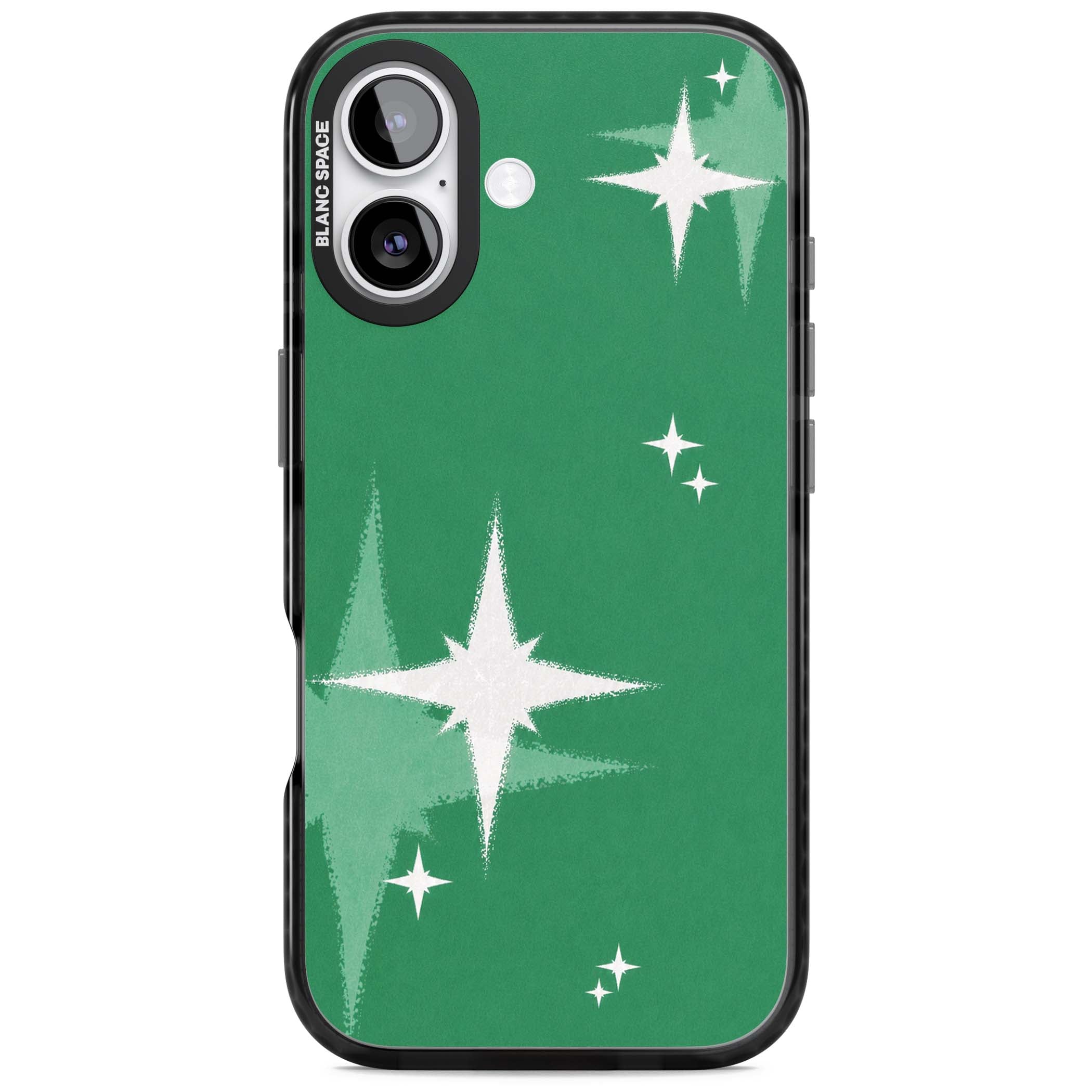 Green Sparkle celestial iPhone case featuring sparkling white four-point stars on a deep green background | Clear Impact case for iPhone 17