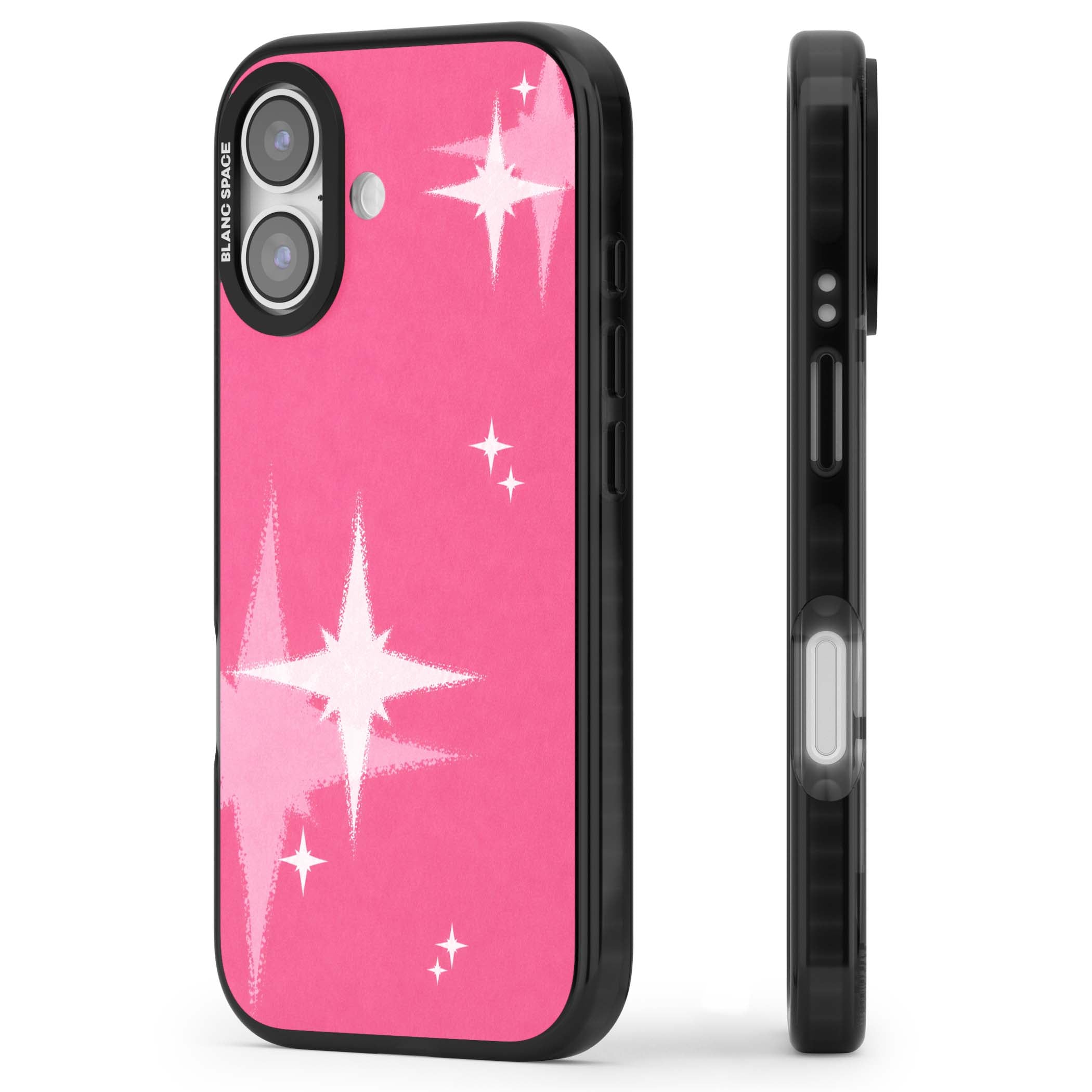 Pink Sparkle Y2K iPhone case featuring hot pink background with shimmering white starburst pattern | Clear Impact case for iPhone 17