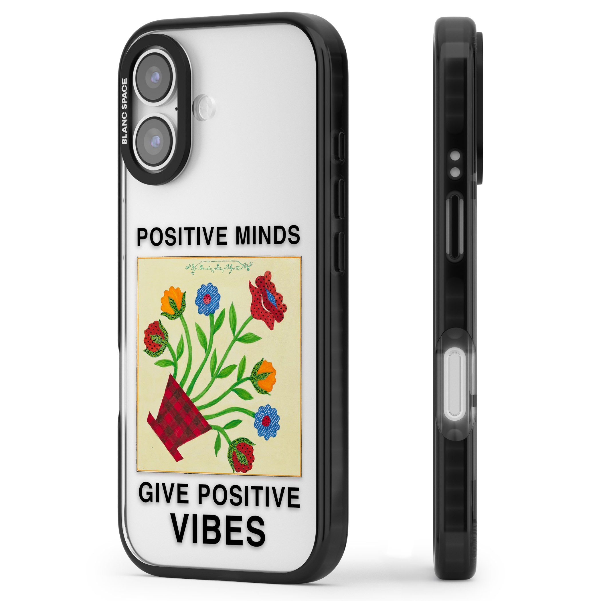 Positive Minds Give Positive Vibes iPhone 17 Impact Black Phone Case Side Profile