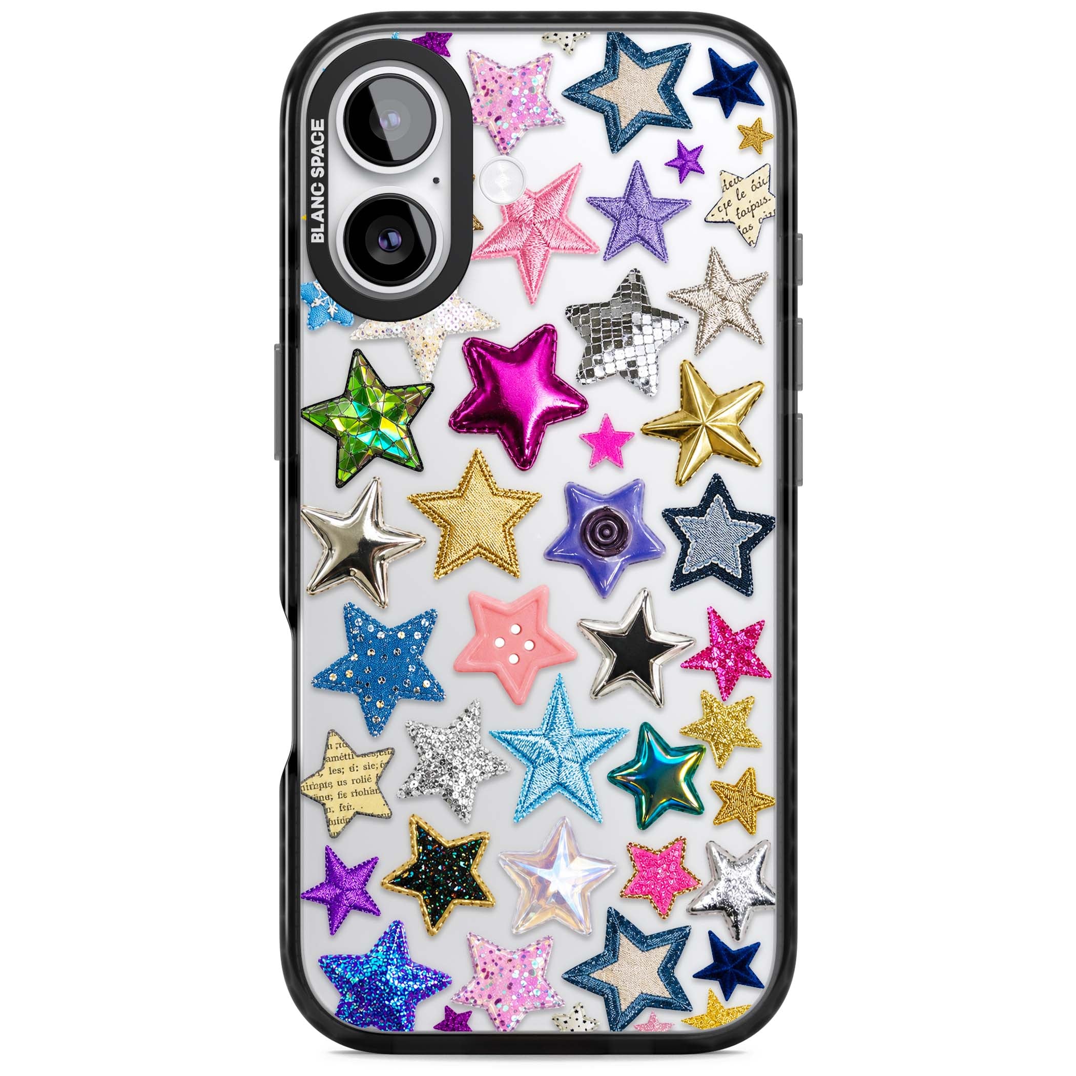 Crafty Star Mix Y2K iPhone case featuring embroidered, sequinned and glitter star patches in rainbow colours | Clear Impact case for iPhone 17
