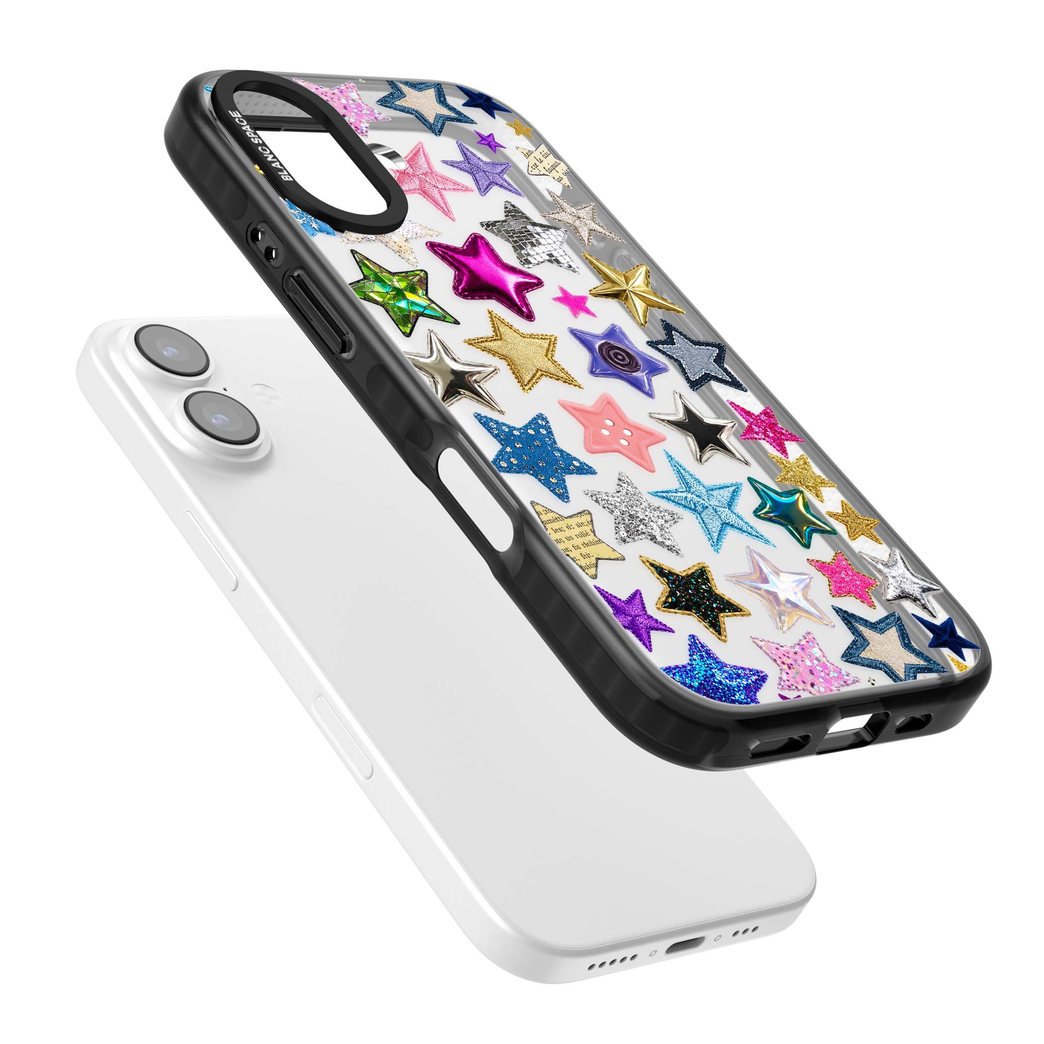 Crafty Star Mix Y2K iPhone case featuring embroidered, sequinned and glitter star patches in rainbow colours | Clear Impact case for iPhone 17