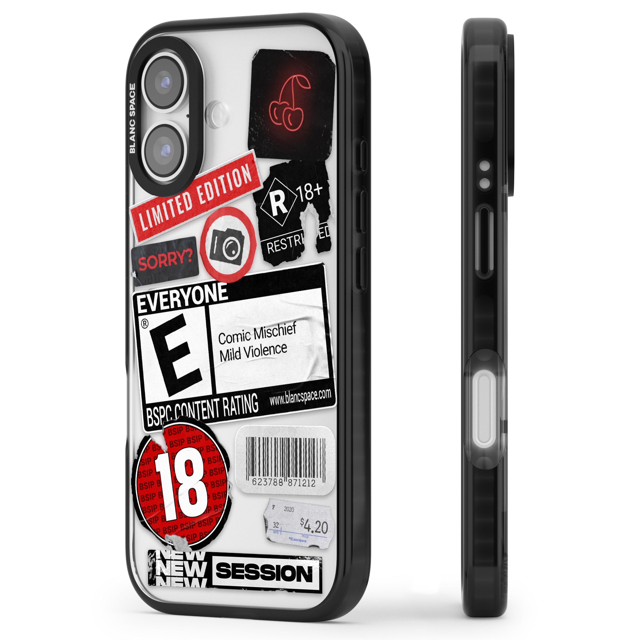 Rated 18+ Sticker Mix iPhone 17 Impact Black Phone Case Side Profile
