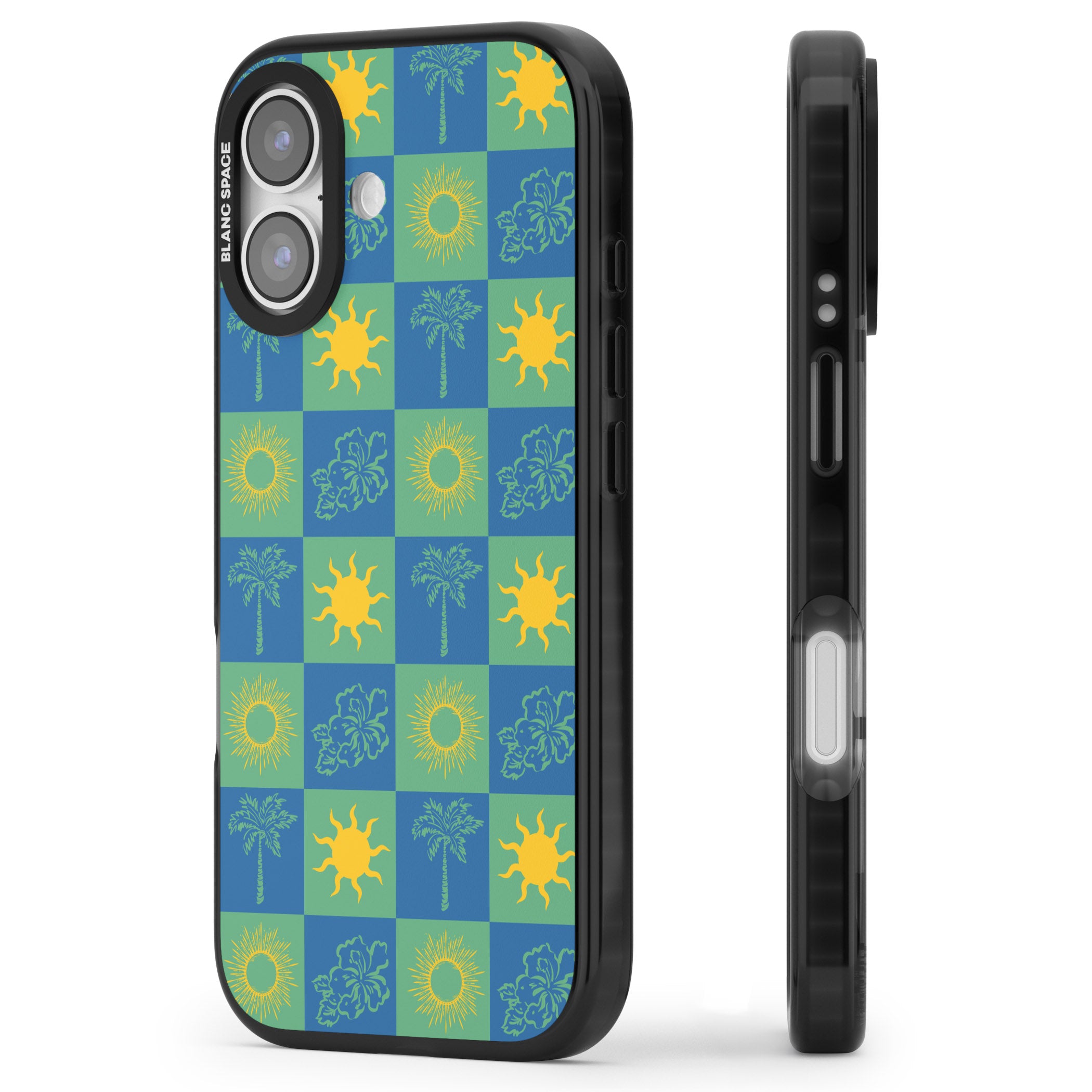 Green & Blue Tropical Checked iPhone 17 Impact Black Phone Case Side Profile