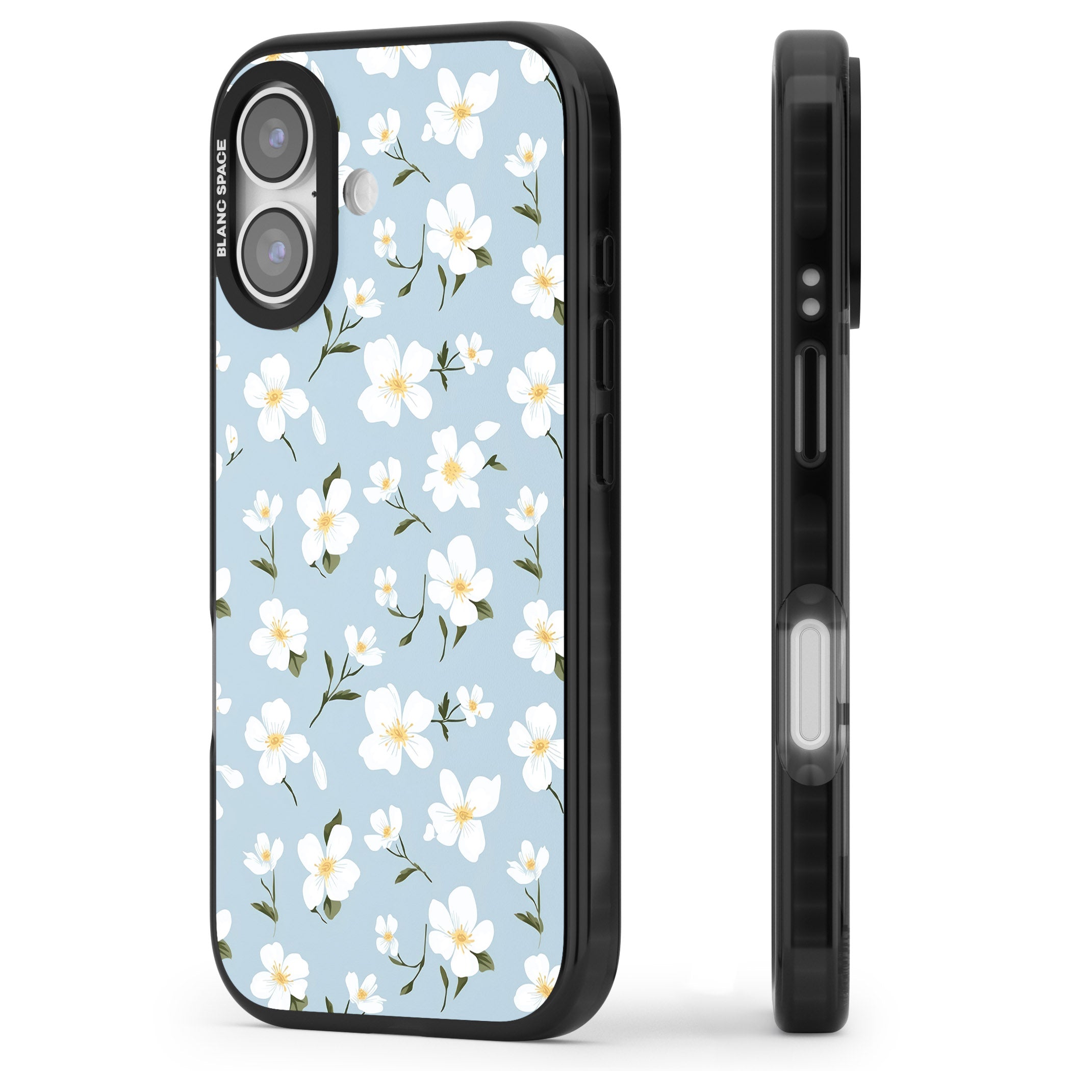 Soft White Blossoms iPhone 17 Impact Black Phone Case Side Profile