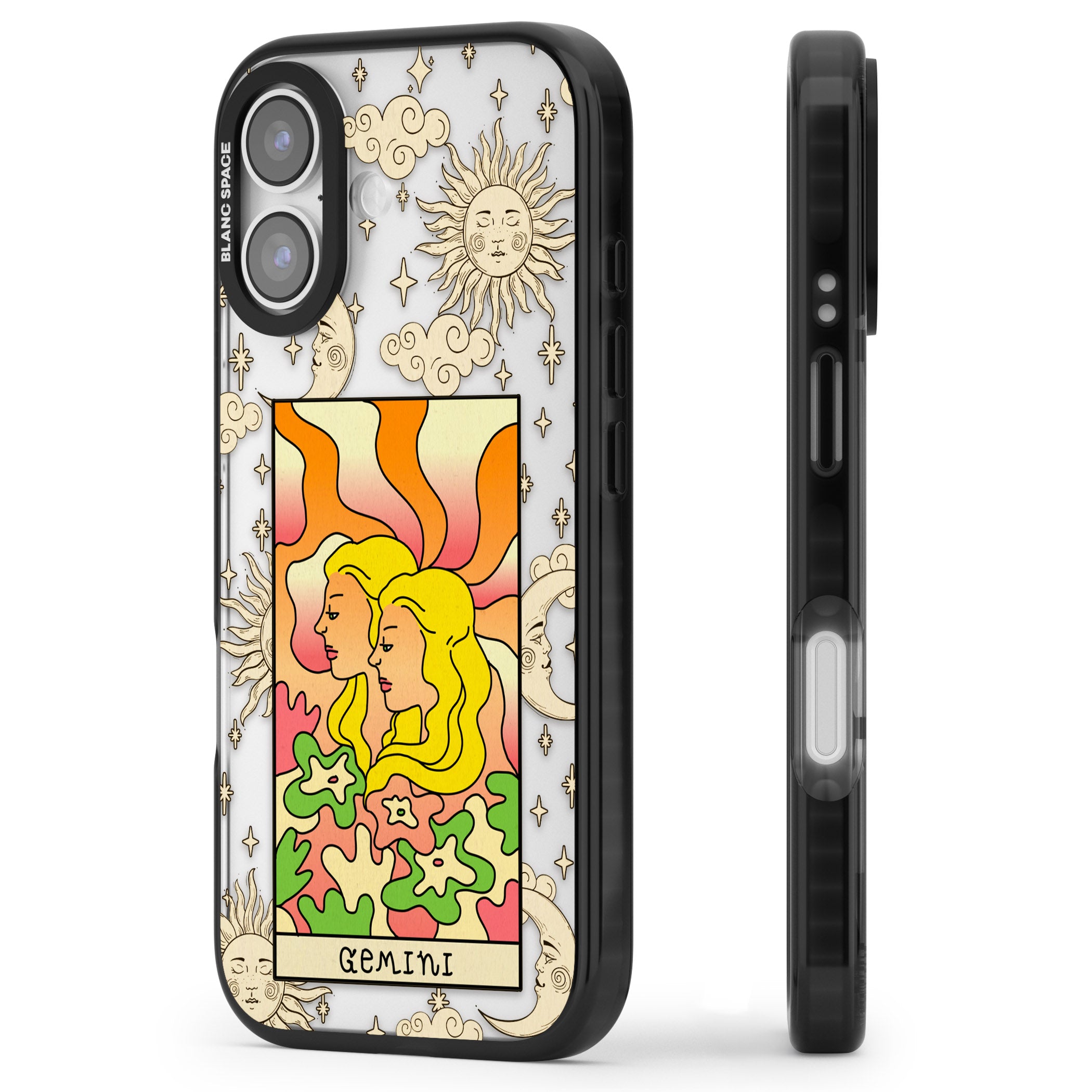 Celestial Zodiac Gemini iPhone 17 Impact Black Phone Case Side Profile