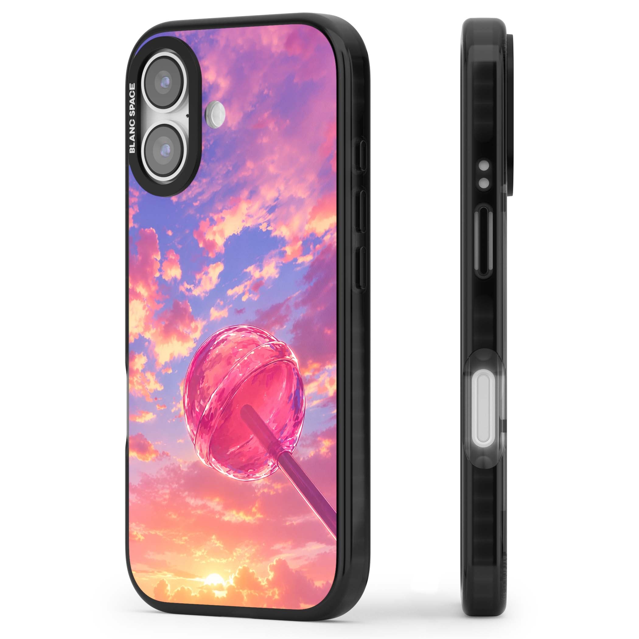 Sugar Sunset candy aesthetic iPhone case featuring a pink lollipop, pastel sunset sky and dreamy clouds | Clear Impact case for iPhone 17