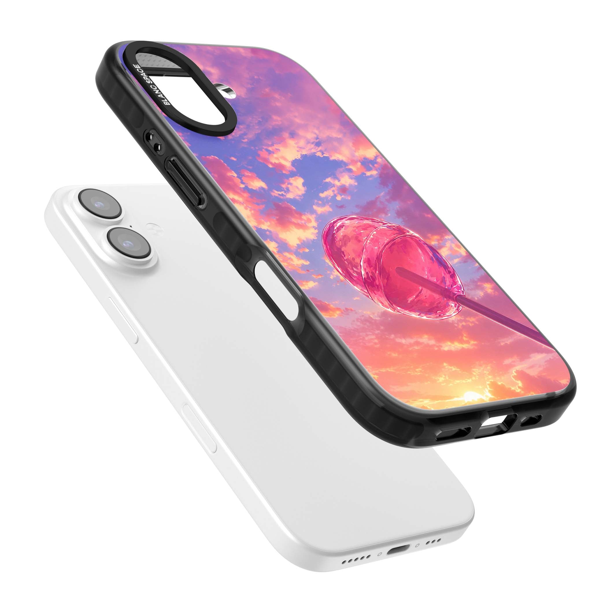 Sugar Sunset candy aesthetic iPhone case featuring a pink lollipop, pastel sunset sky and dreamy clouds | Clear Impact case for iPhone 17