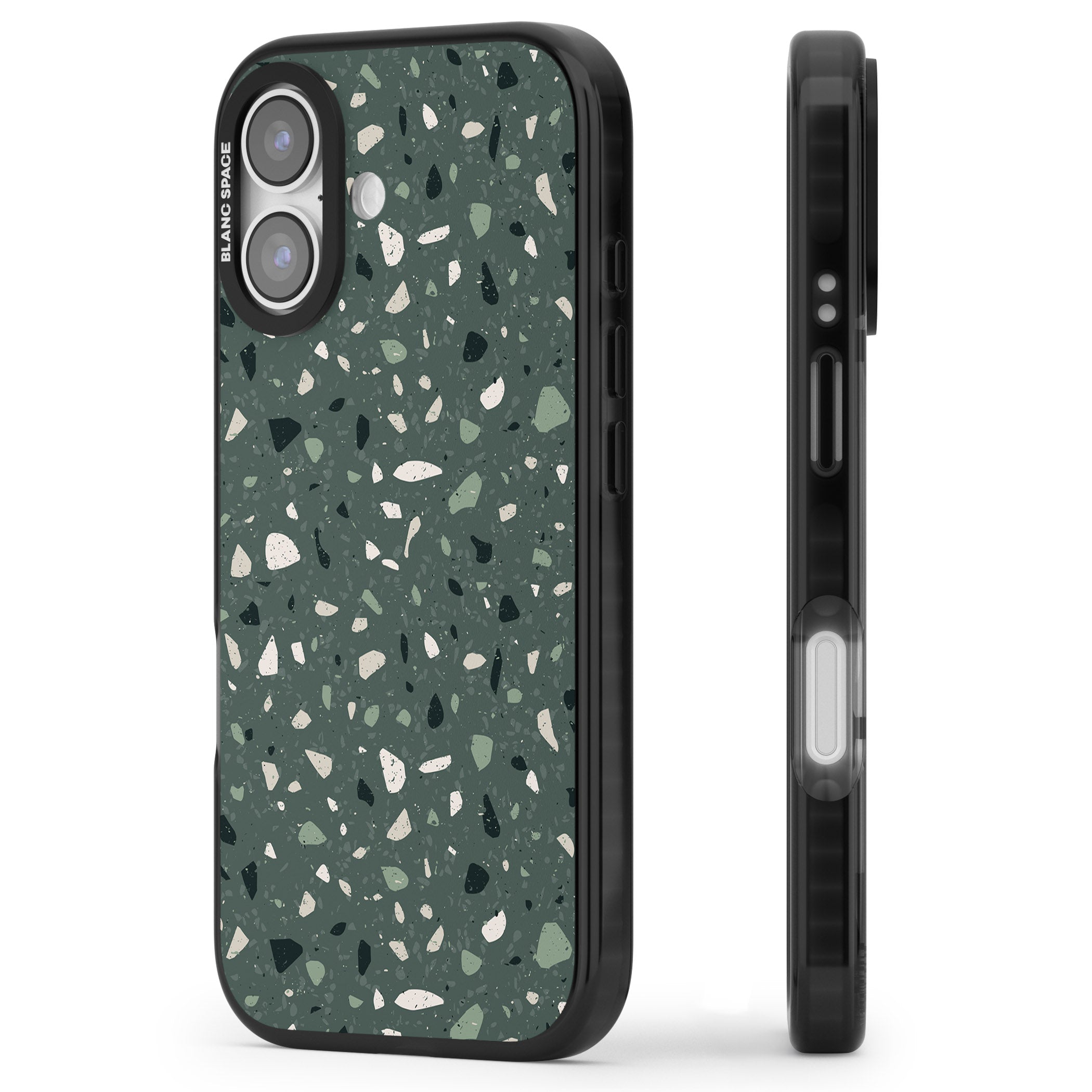 Green & Cream Terrazzo Pattern iPhone 17 Impact Black Phone Case Side Profile