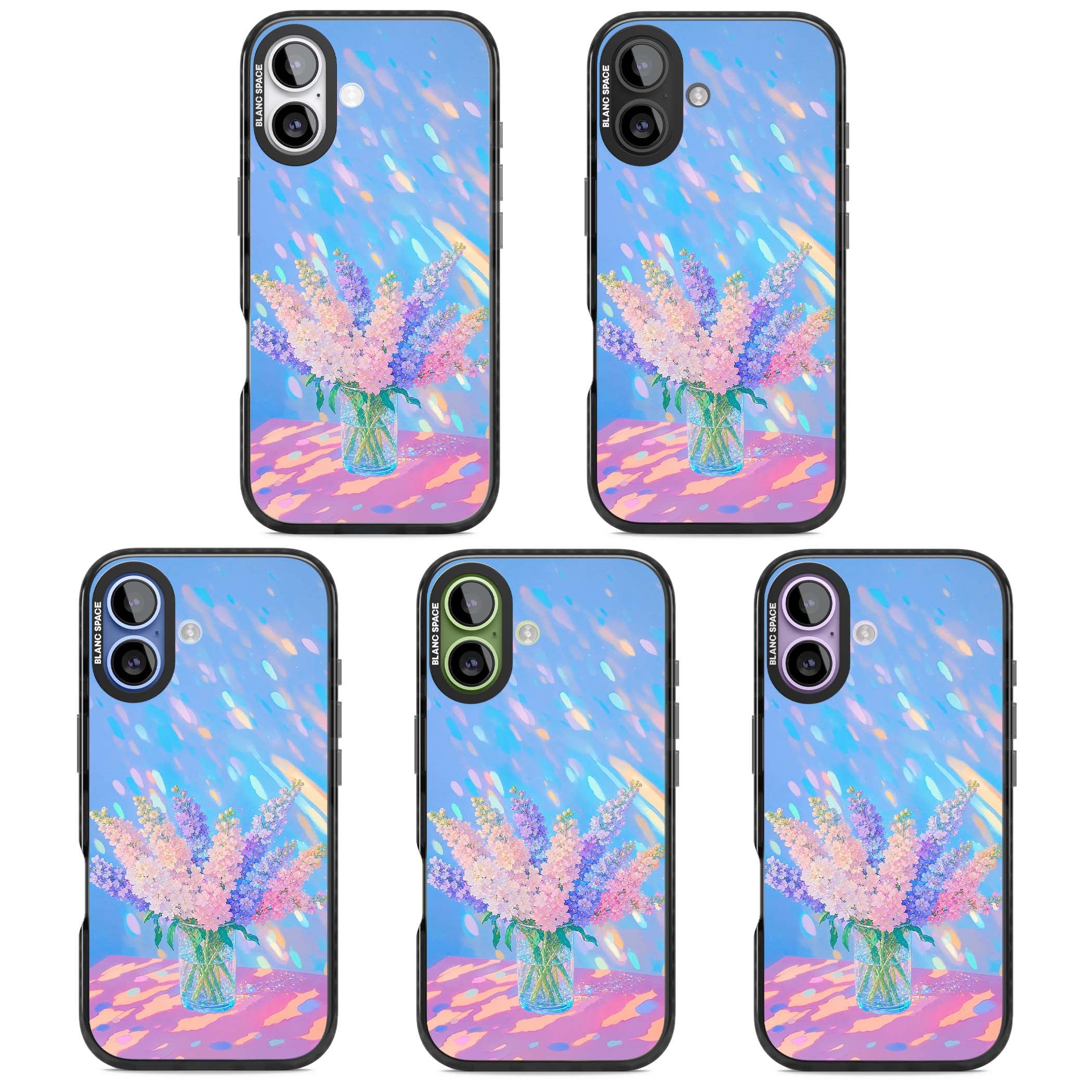 Bubblegum Flowers floral iPhone case featuring pastel lilac and pink bouquet in a glass vase with iridescent light | Clear Impact case for iPhone 17