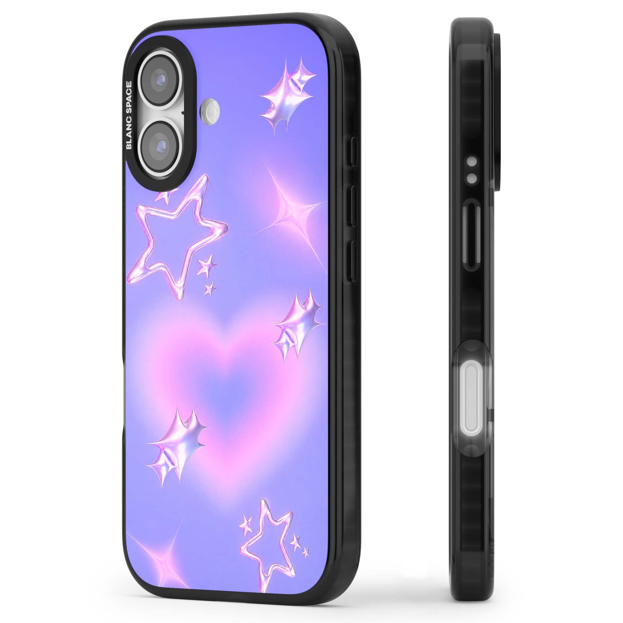 Soft Sugar Y2K iPhone case featuring iridescent chrome hearts, metallic pink stars and a lavender gradient sky | Clear Impact case for iPhone 17