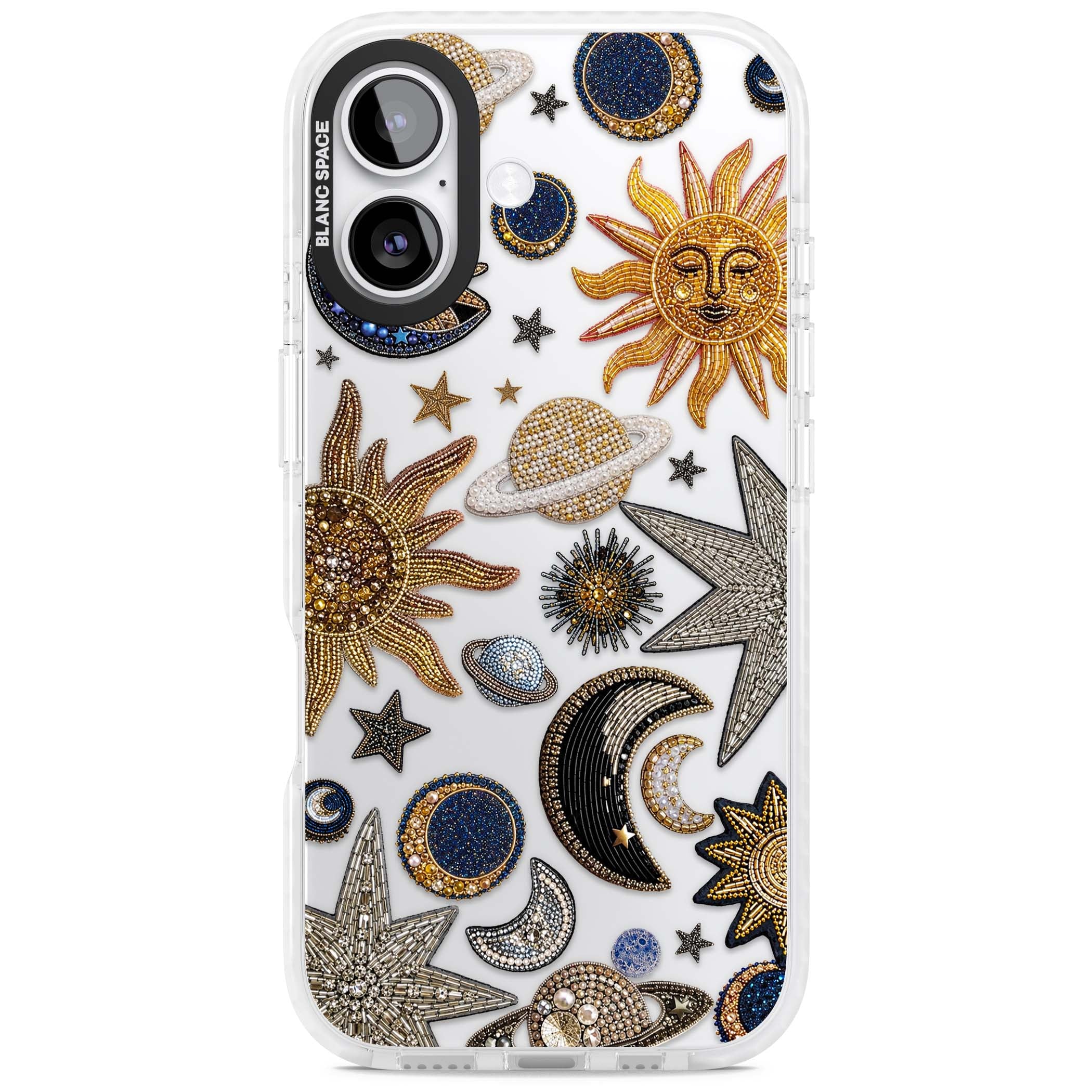 Beaded Cosmos celestial iPhone case featuring embroidered golden suns, beaded planets and silver shooting stars | Black Impact case for iPhone 17