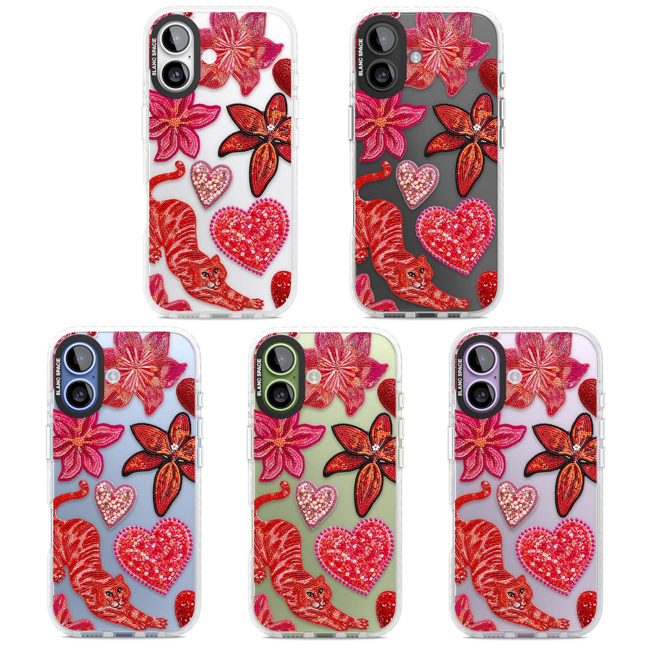 Beaded Boho floral iPhone case featuring beaded red lilies, a stitched tiger, and pearl-encrusted hearts on clear | Black Impact case for iPhone 17