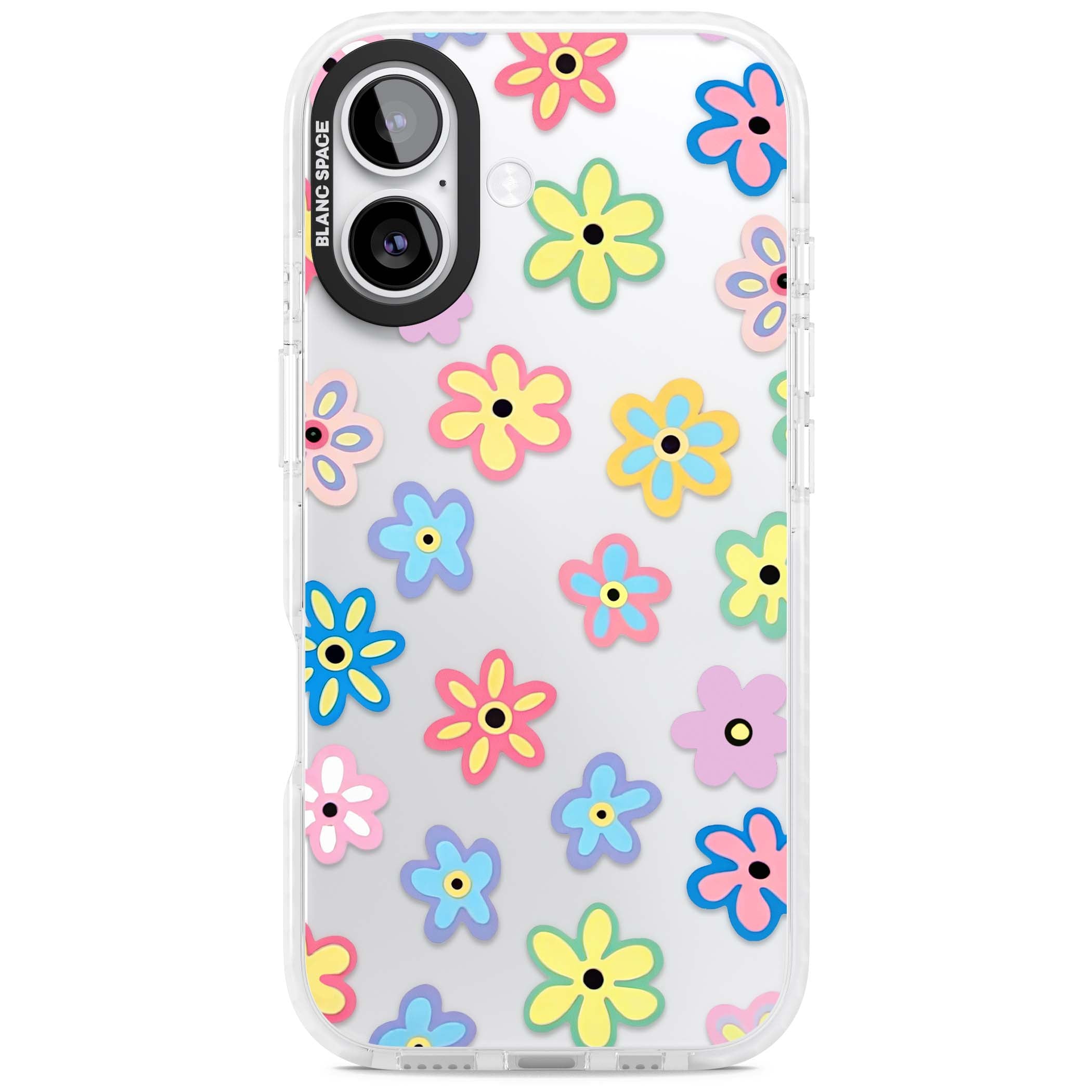 Bloom Pop cottagecore iPhone case featuring multicolor pastel flowers with black centers on clear background | Black Impact case for iPhone 17