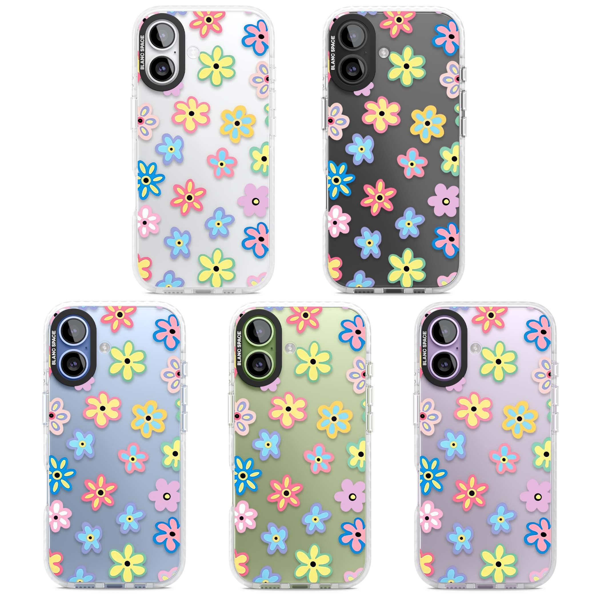 Bloom Pop cottagecore iPhone case featuring multicolor pastel flowers with black centers on clear background | Black Impact case for iPhone 17