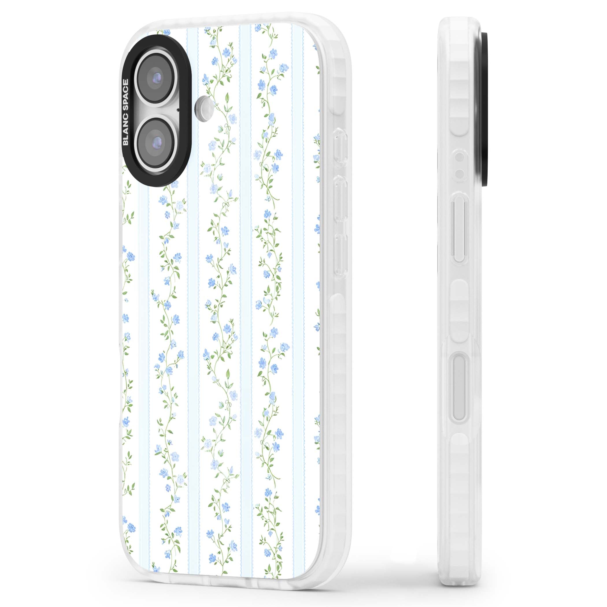 Bluebell Vine cottagecore iPhone case featuring climbing blue roses, trailing green vines, and pale ticking stripes | Black Impact case for iPhone 17