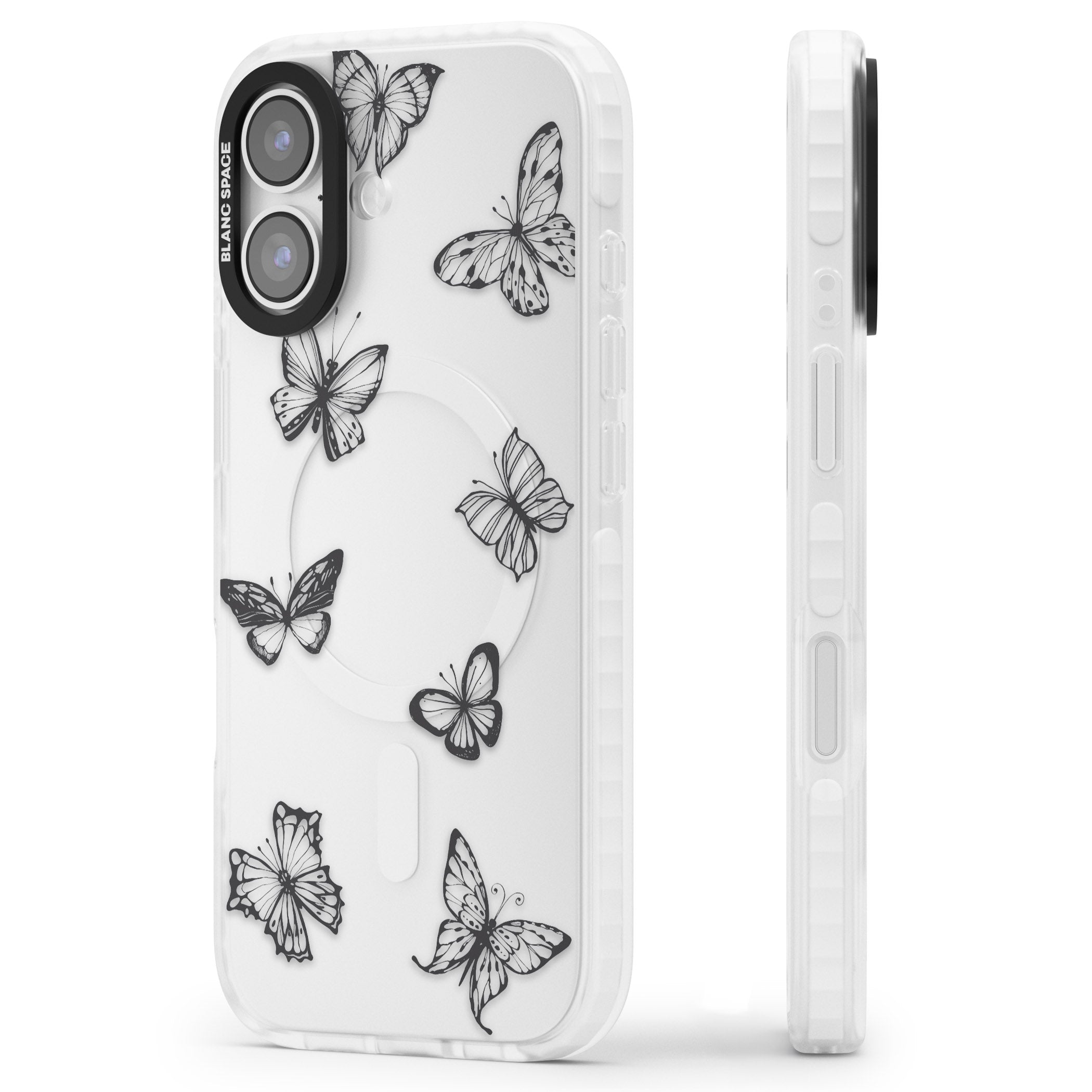 Grey Butterfly Line Pattern iPhone 17 Impact Clear Phone Case Side Profile