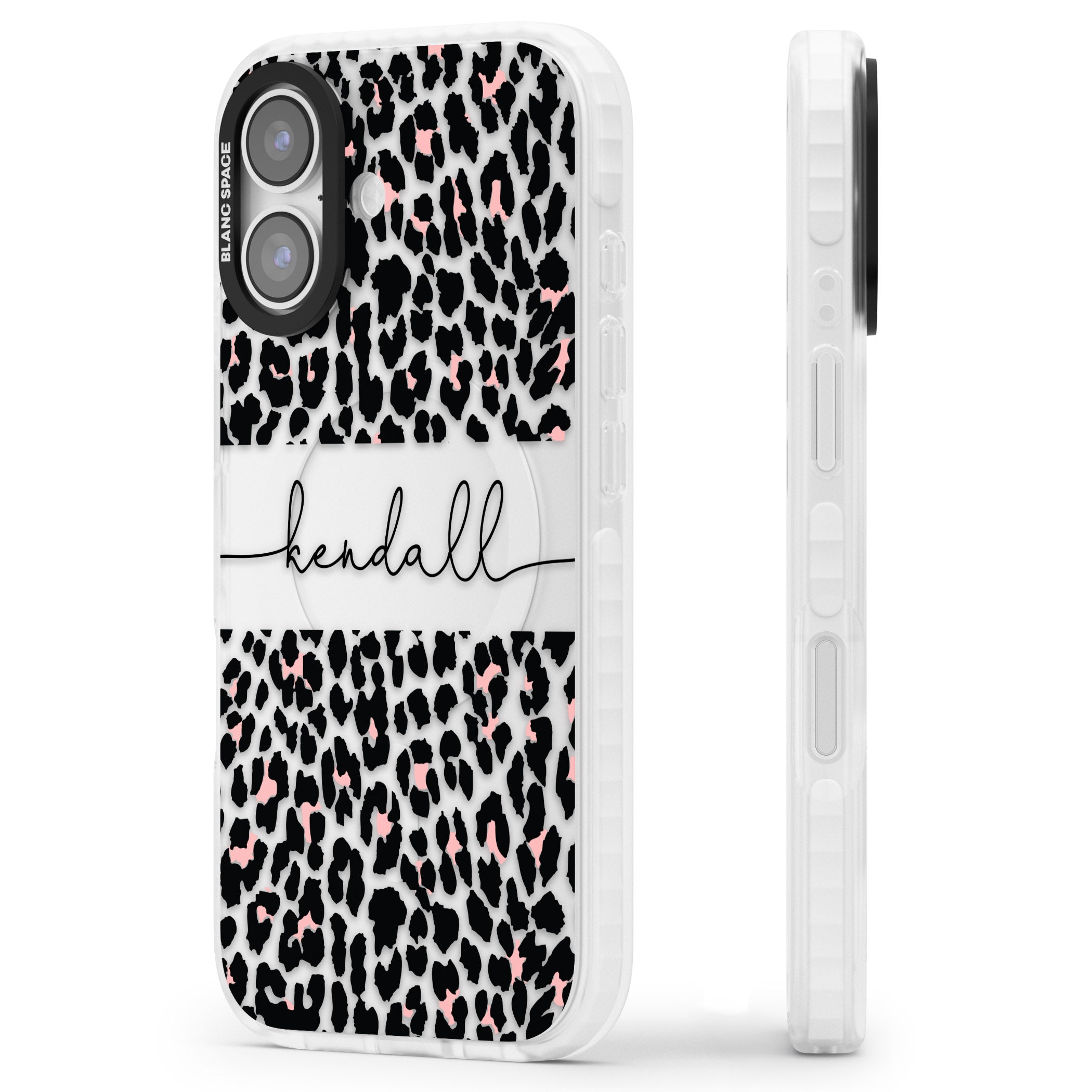 Personalised Cursive Leopard Spots iPhone 17 Impact Clear Phone Case Side Profile