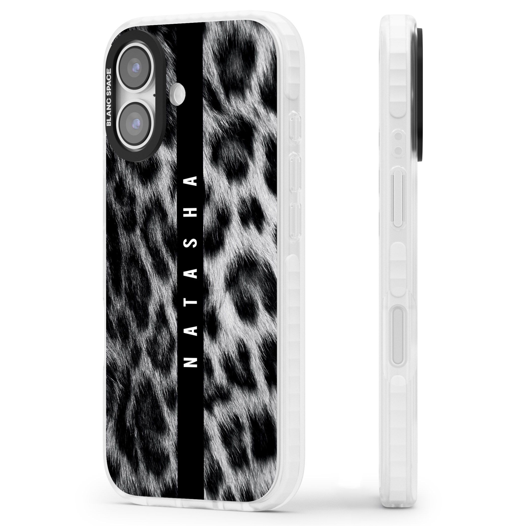Personalised Snow Leopard Print iPhone 17 Impact Clear Phone Case Side Profile