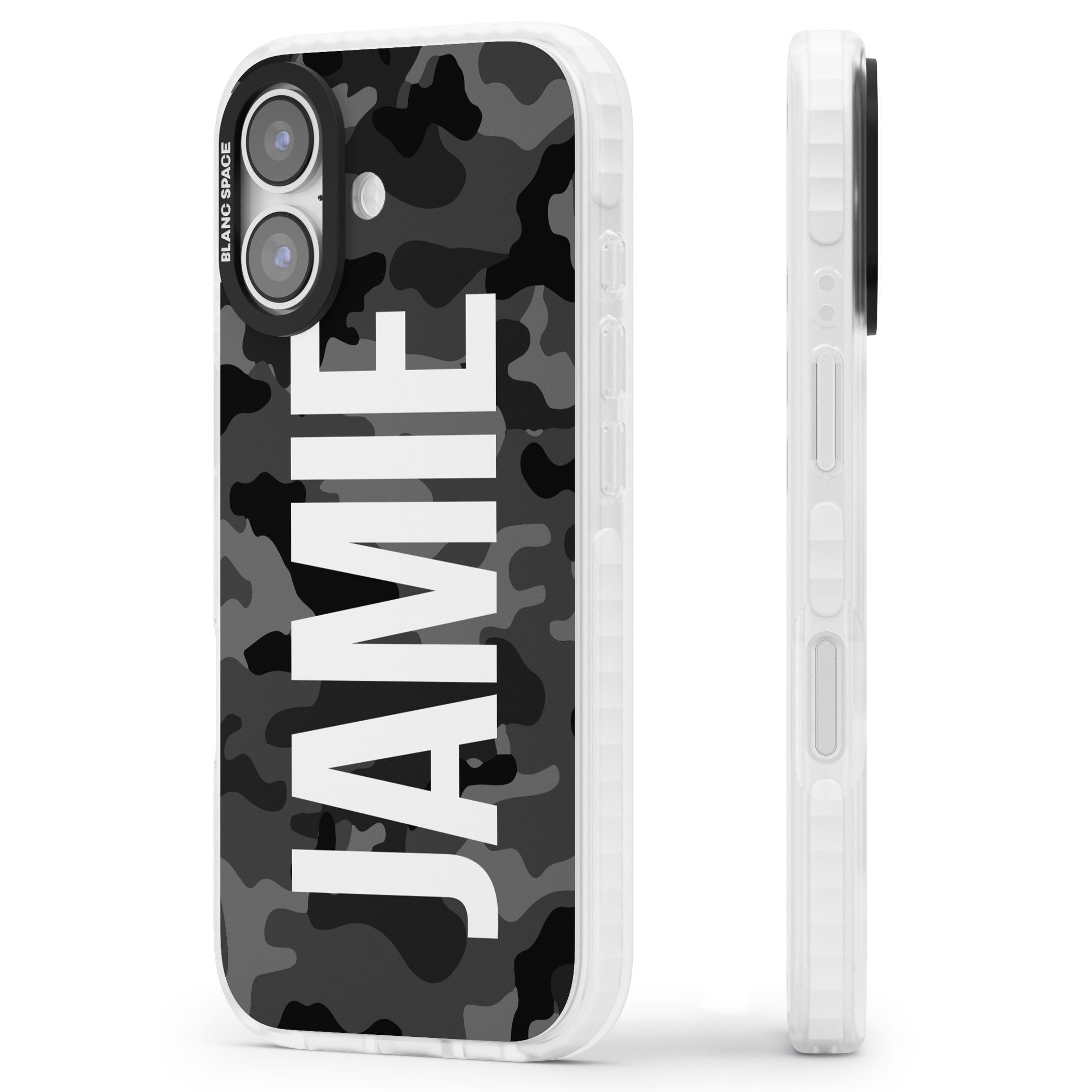 Personalised Black Camo Name Vertical iPhone 17 Impact Clear Phone Case Side Profile