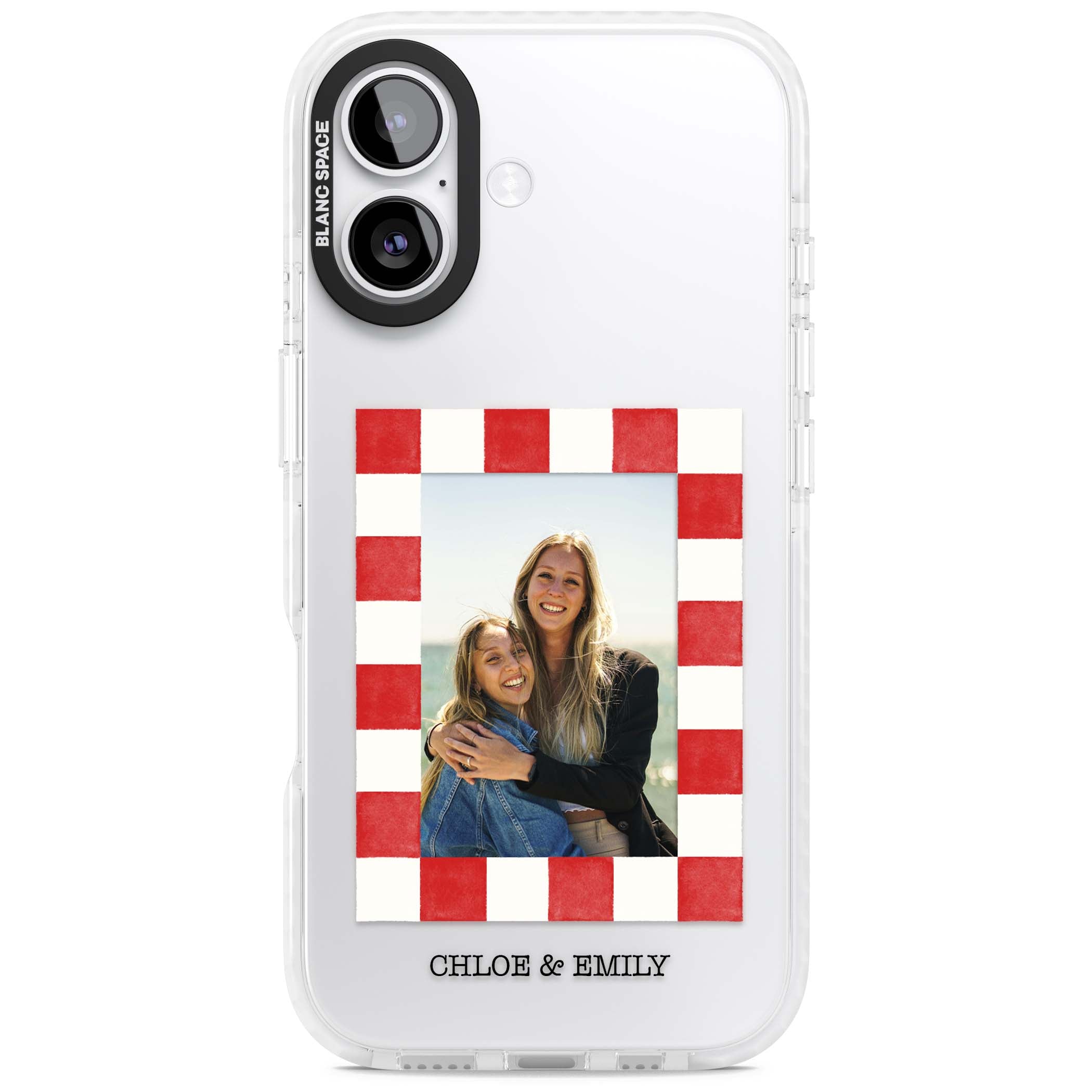 Red Check Photo personalised photo iPhone case with red and white checkered polaroid frame and custom couple name | Black Impact case for iPhone 17