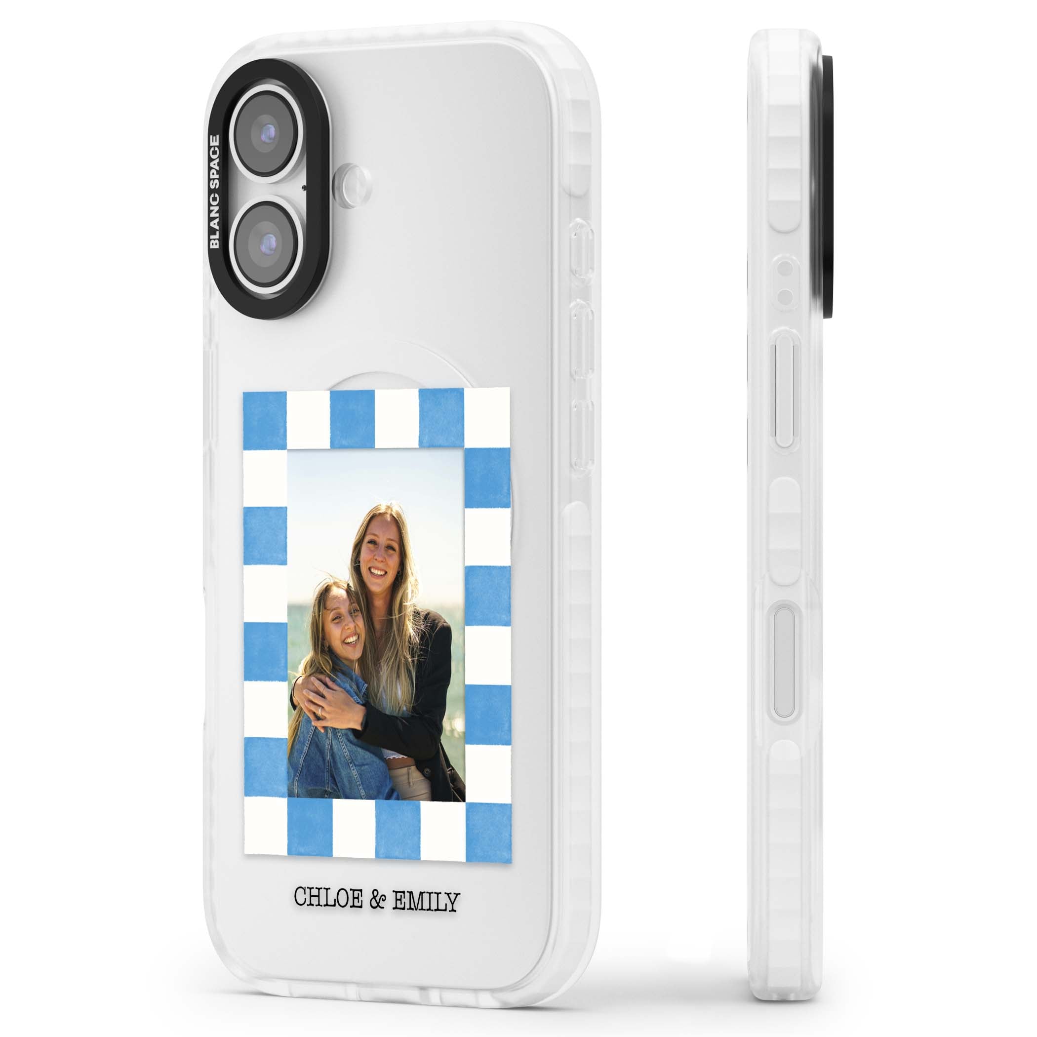 Blue Check Photo personalised photo iPhone case with blue checkered frame and custom couple names | Black Impact case for iPhone 17