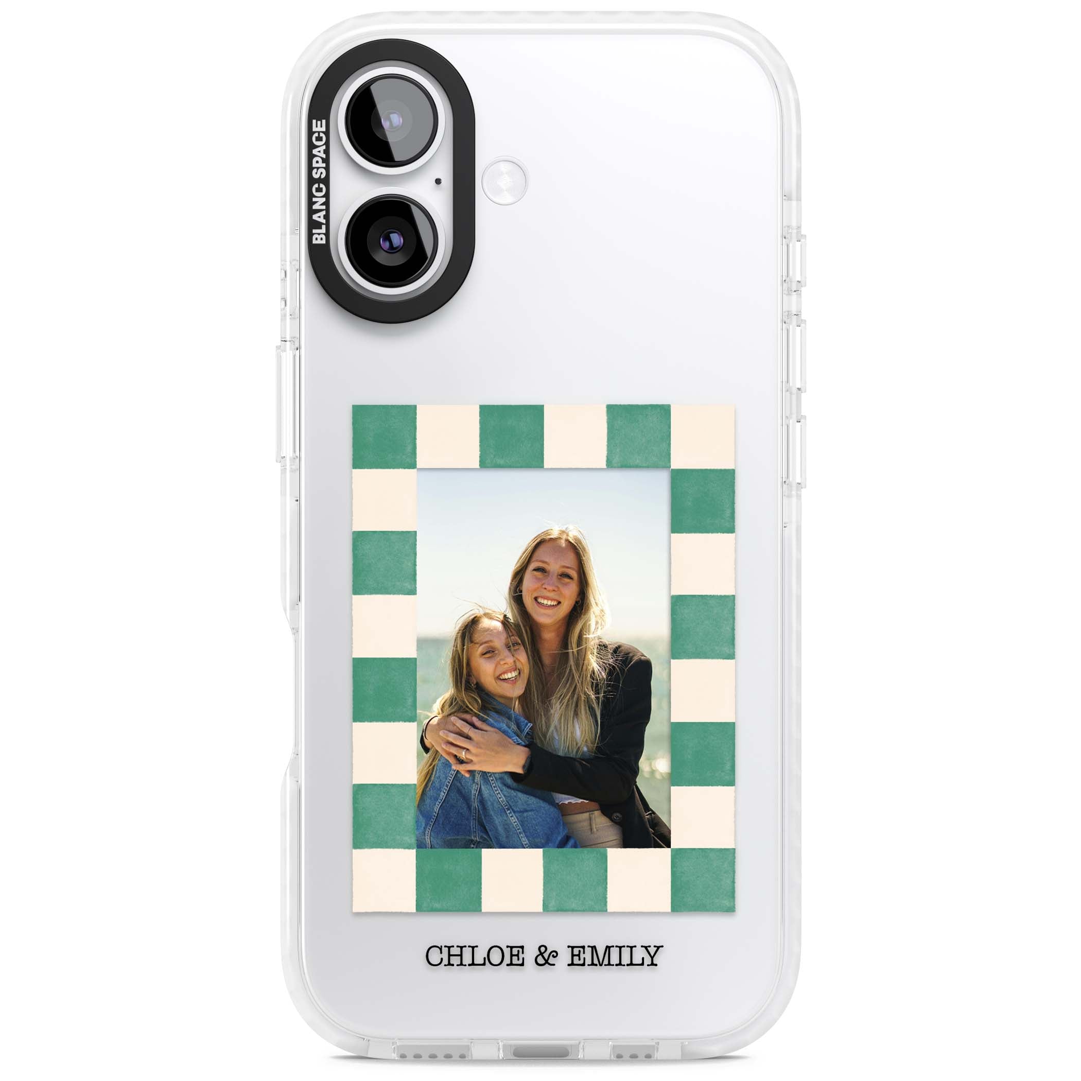 Seafoam Check Photo personalised iPhone case featuring a custom polaroid photo, green and cream checkered frame, and custom n | Black Impact case for iPhone 17