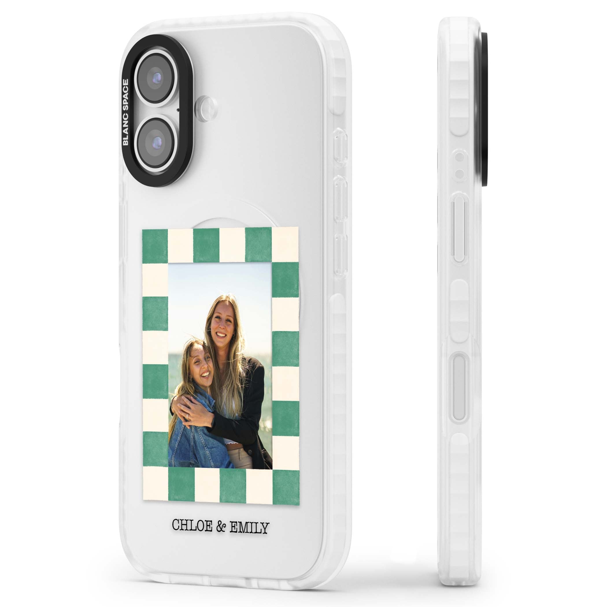 Seafoam Check Photo personalised iPhone case featuring a custom polaroid photo, green and cream checkered frame, and custom n | Black Impact case for iPhone 17