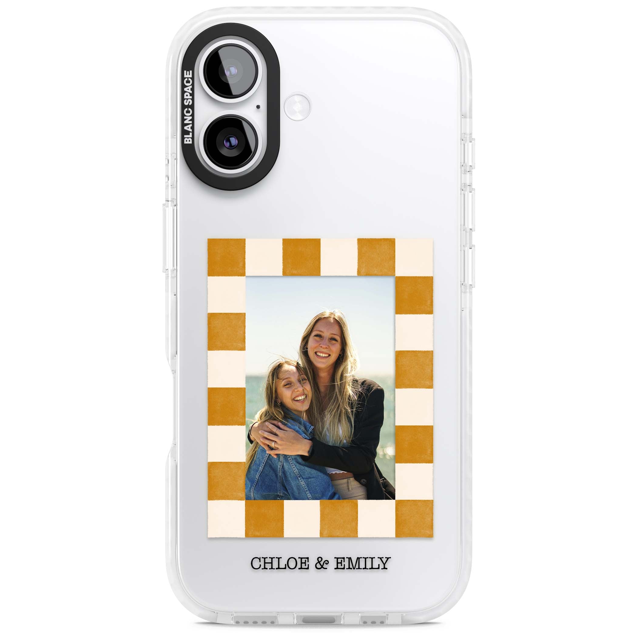 Citrus Check Photo personalised iPhone case with custom photo, orange checkered frame and names underneath | Black Impact case for iPhone 17