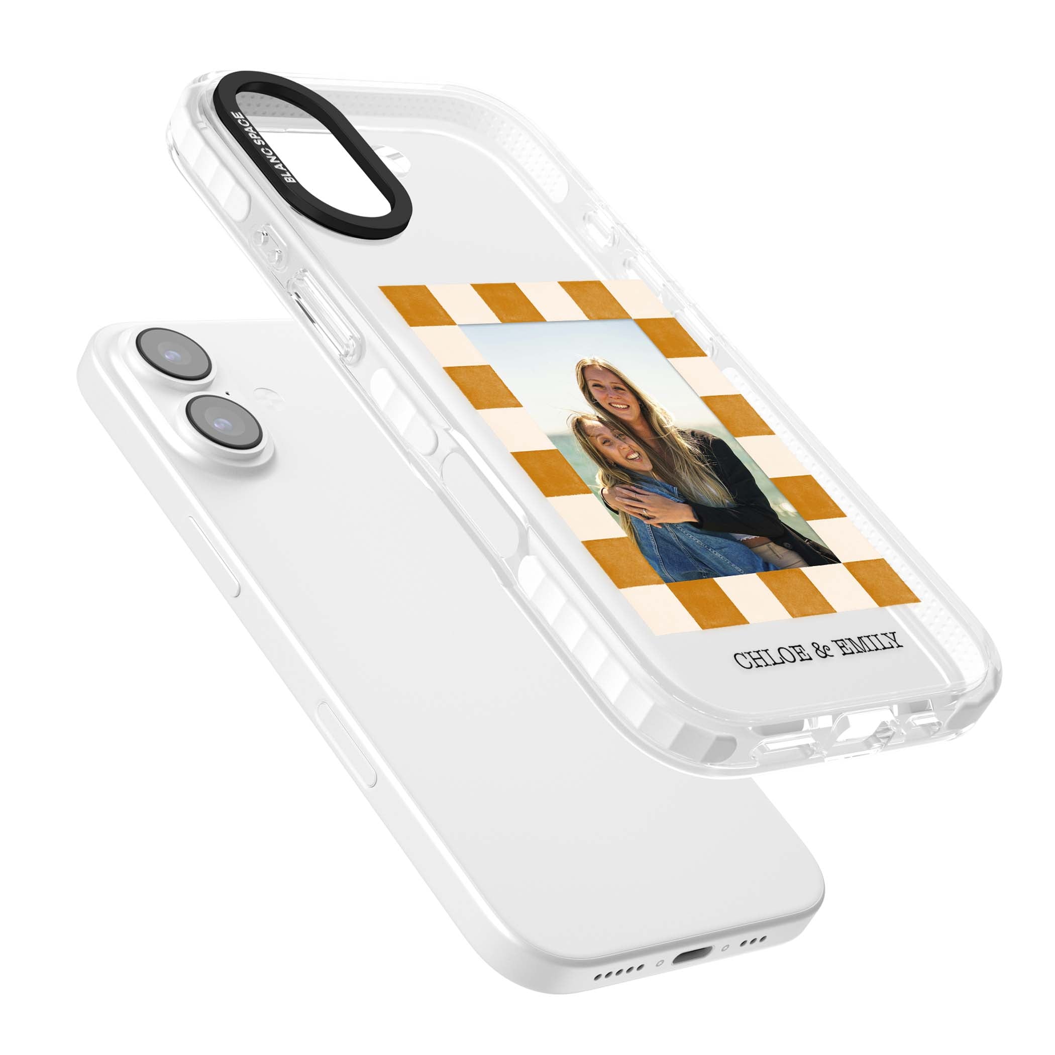 Citrus Check Photo personalised iPhone case with custom photo, orange checkered frame and names underneath | Black Impact case for iPhone 17
