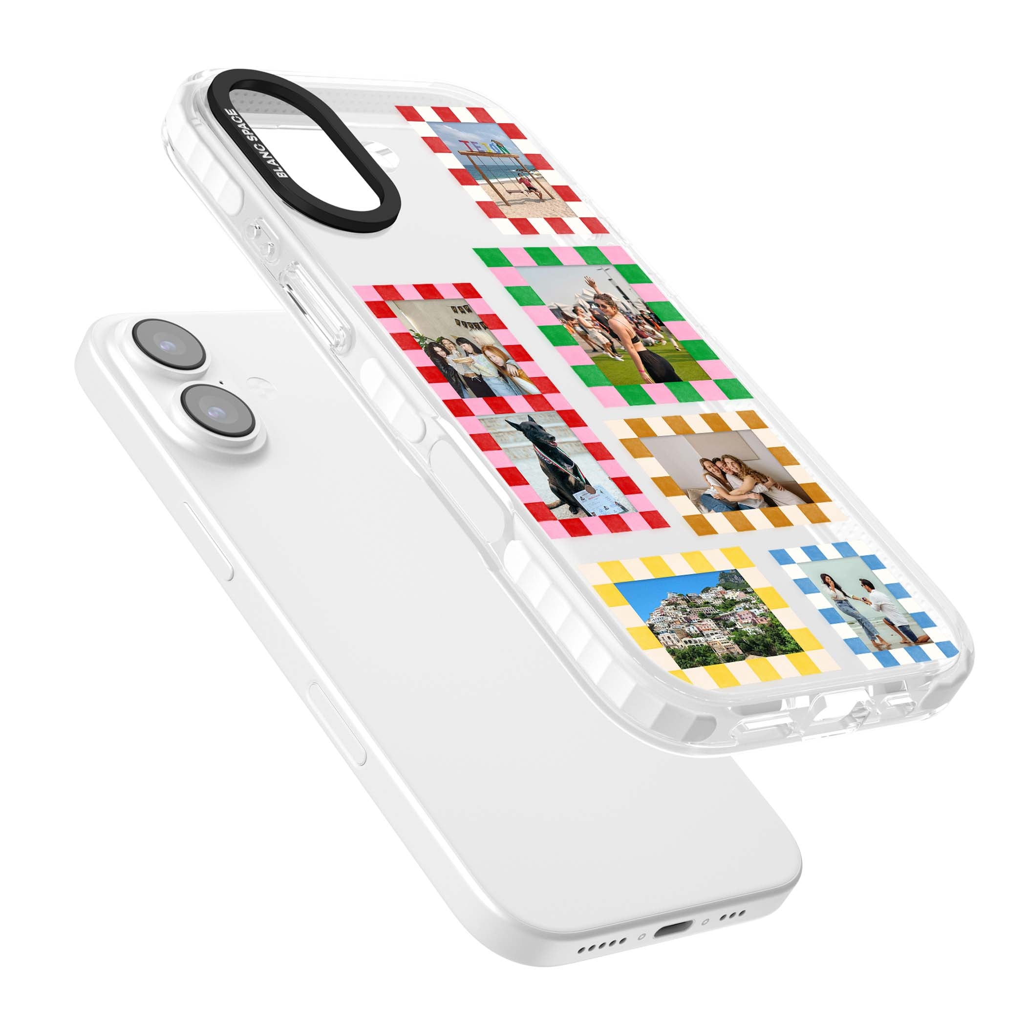 Italian Check Frames custom photo collage iPhone case featuring six checkered photo frames in red, green, pink and | Black Impact case for iPhone 17