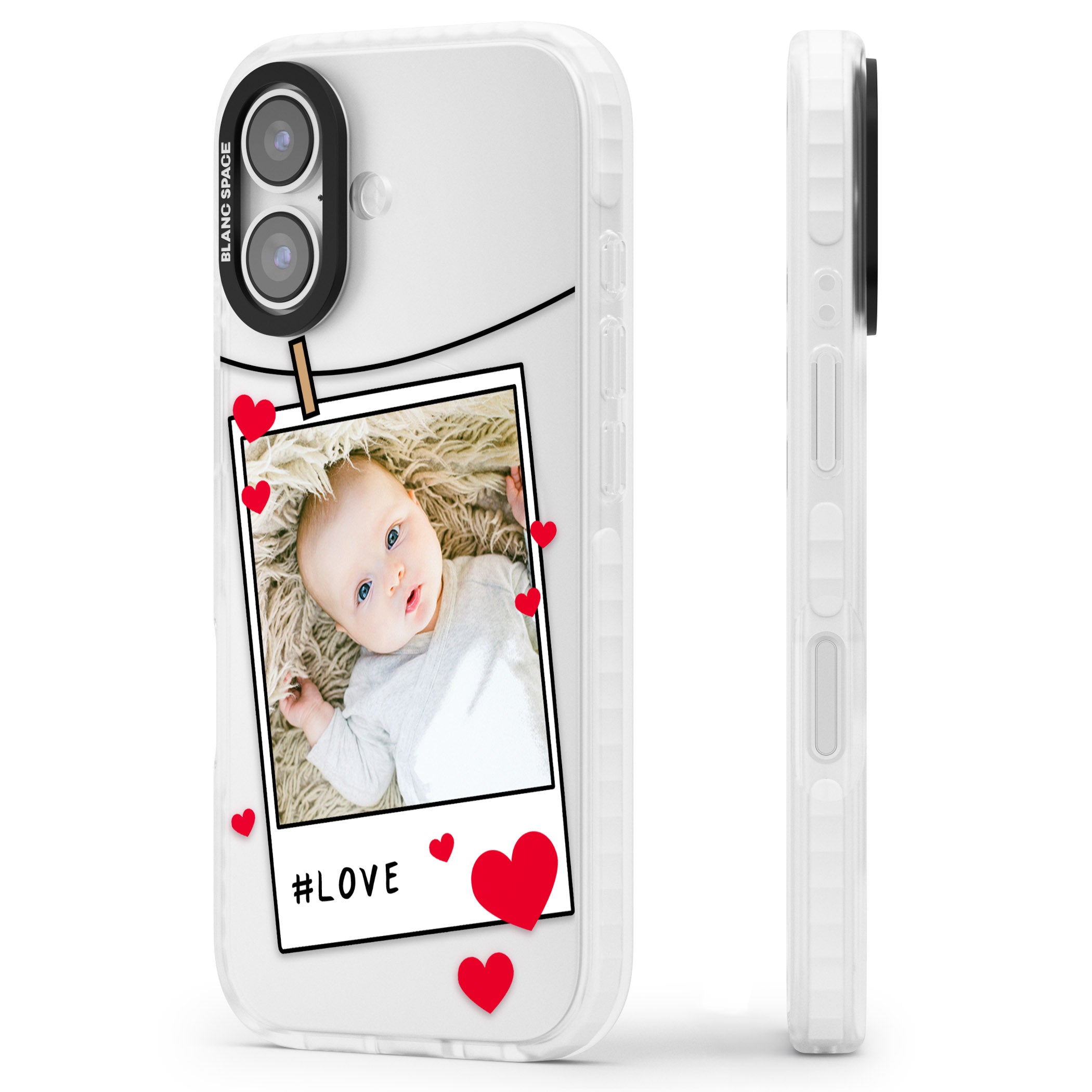 Personalised Paperclip & Hearts Instant Camera Photo iPhone 17 Impact Clear Phone Case Side Profile