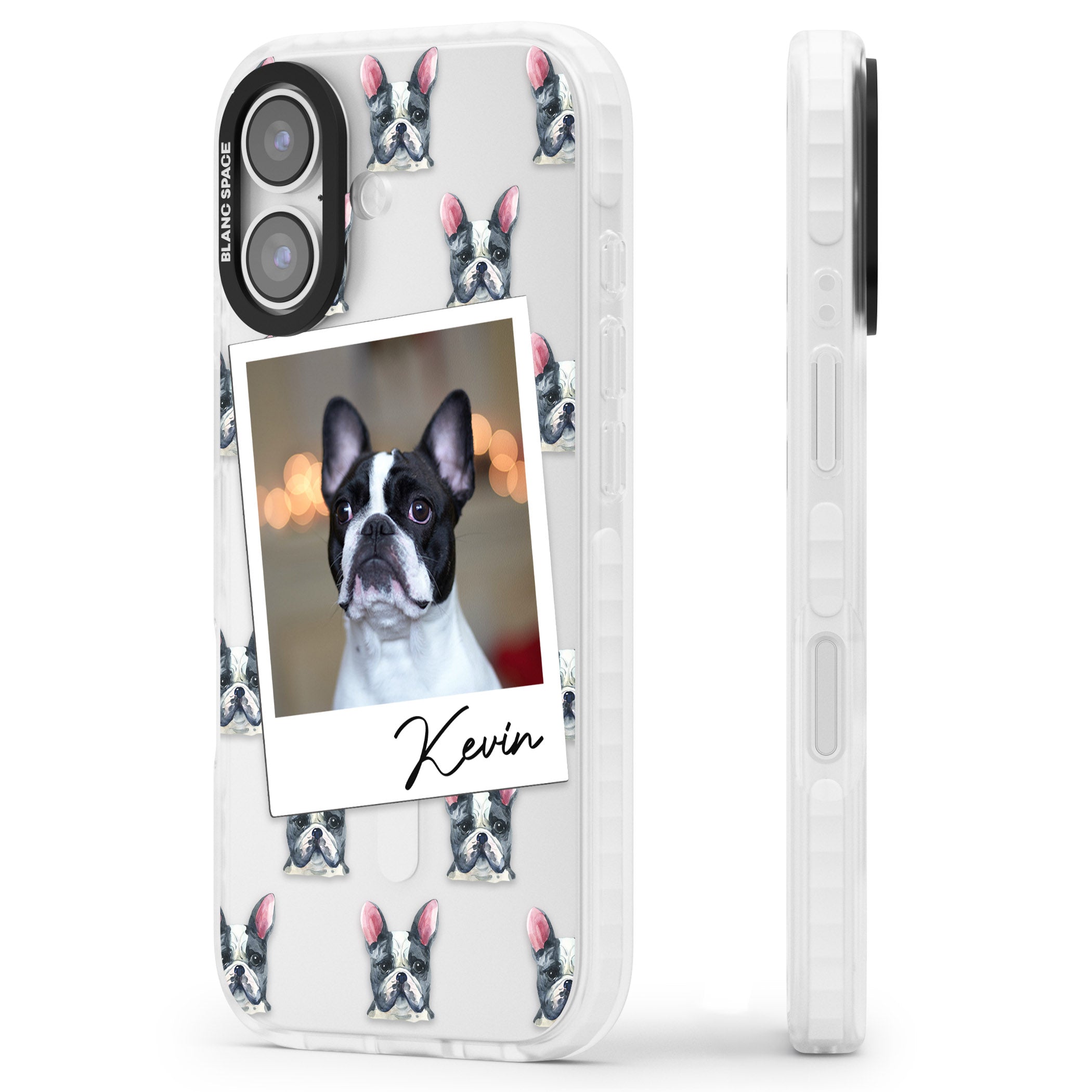 Personalised Black & White French Bulldog Instant Camera Photo iPhone 17 Impact Clear Phone Case Side Profile