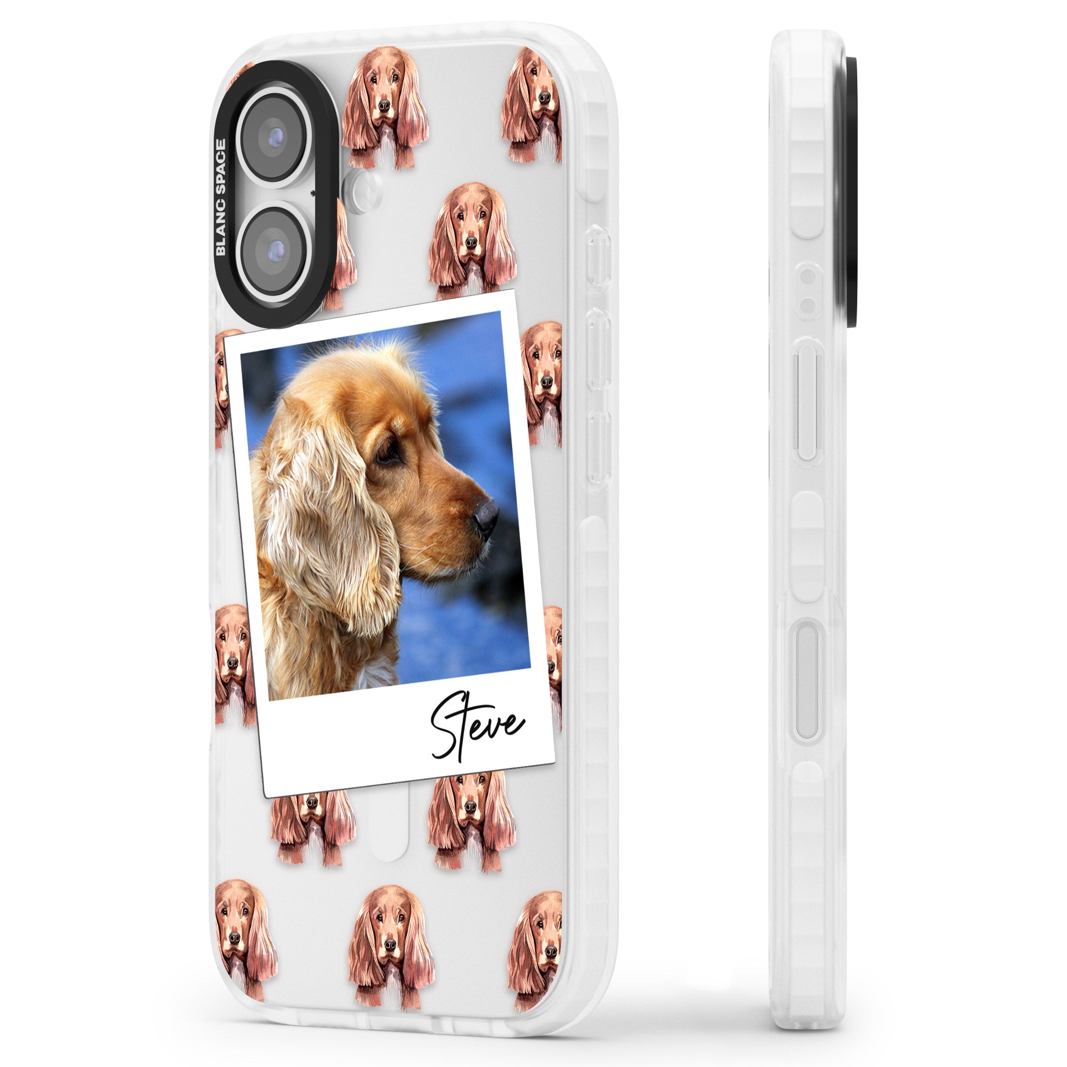Personalised Cocker Spaniel Instant Camera Photo iPhone 17 Impact Clear Phone Case Side Profile
