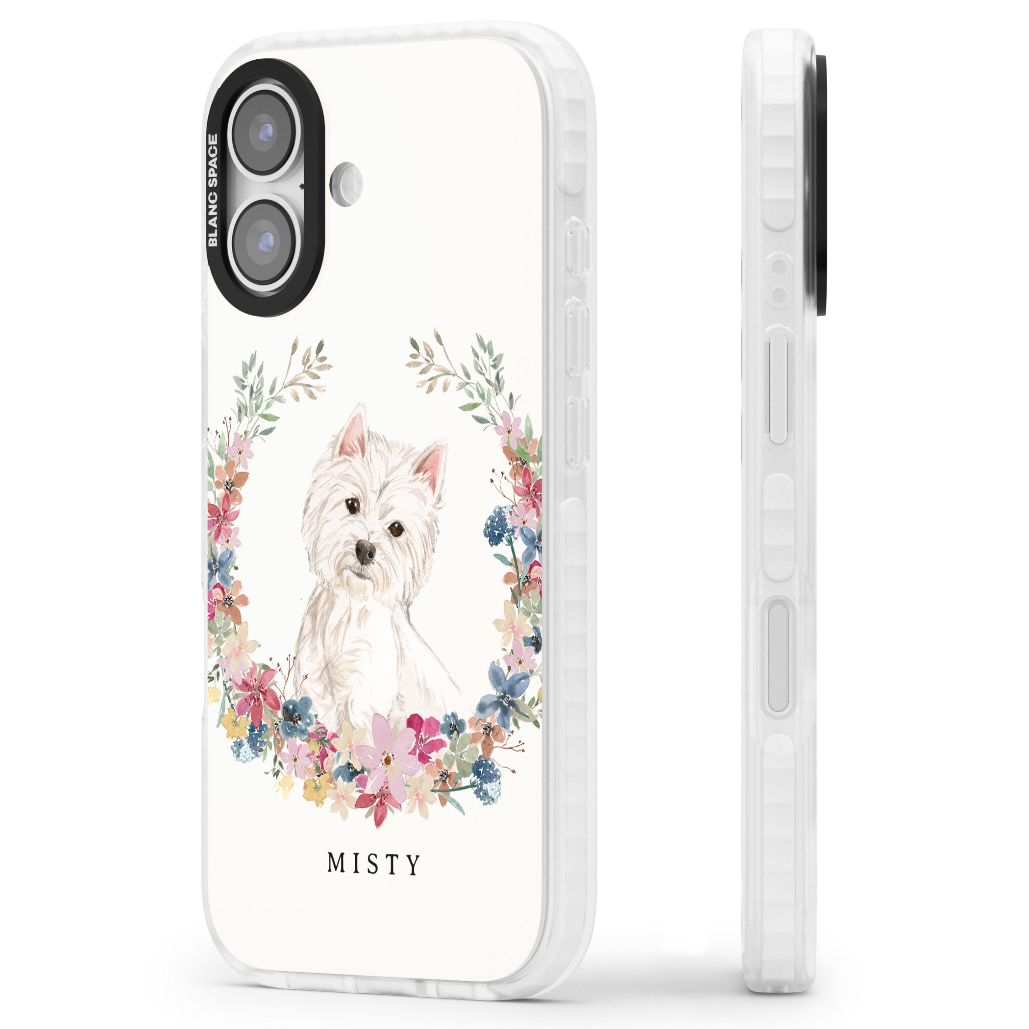 Personalised Westie Floral Portrait iPhone 17 Impact Clear Phone Case Side Profile