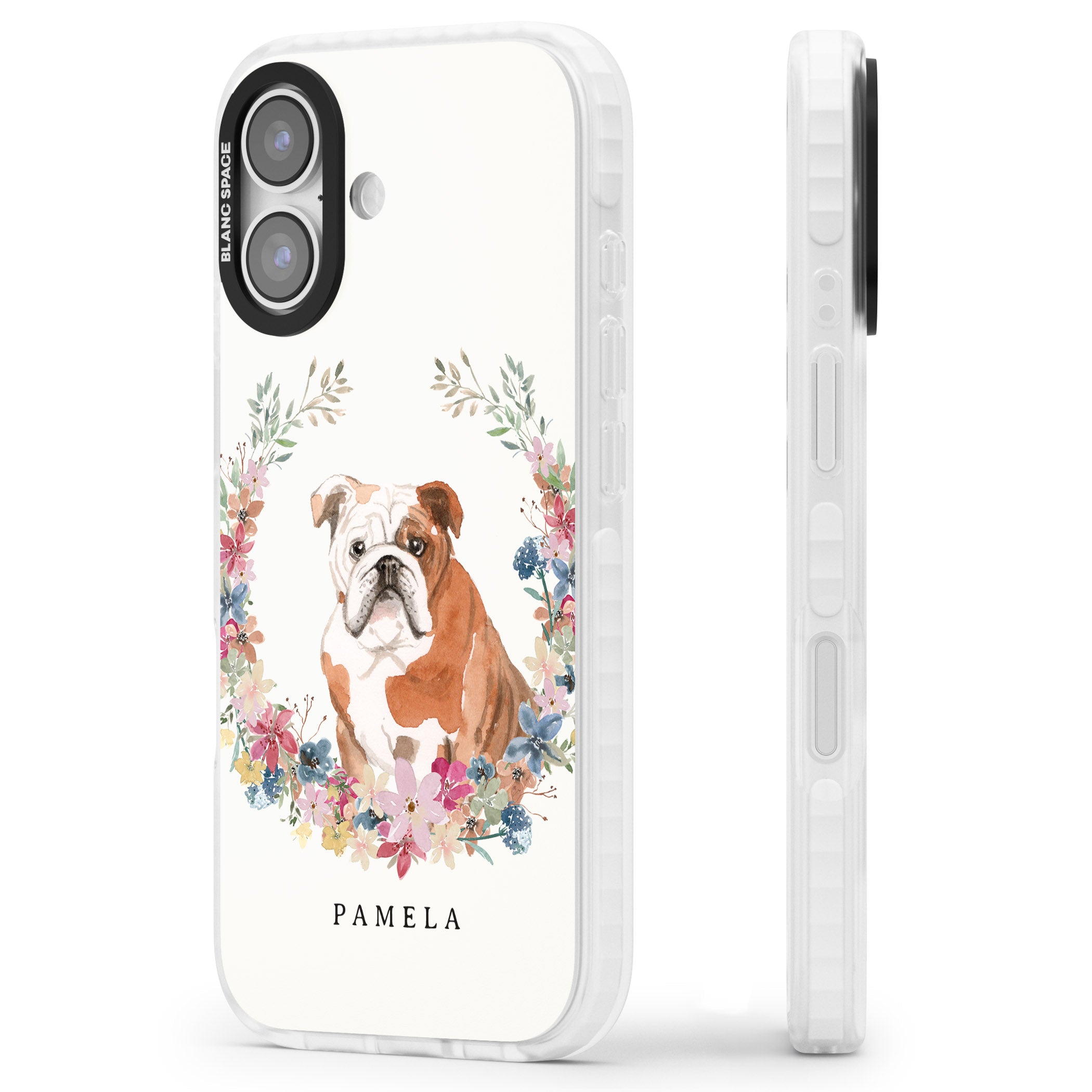 Personalised English Bulldog Floral Portrait iPhone 17 Impact Clear Phone Case Side Profile