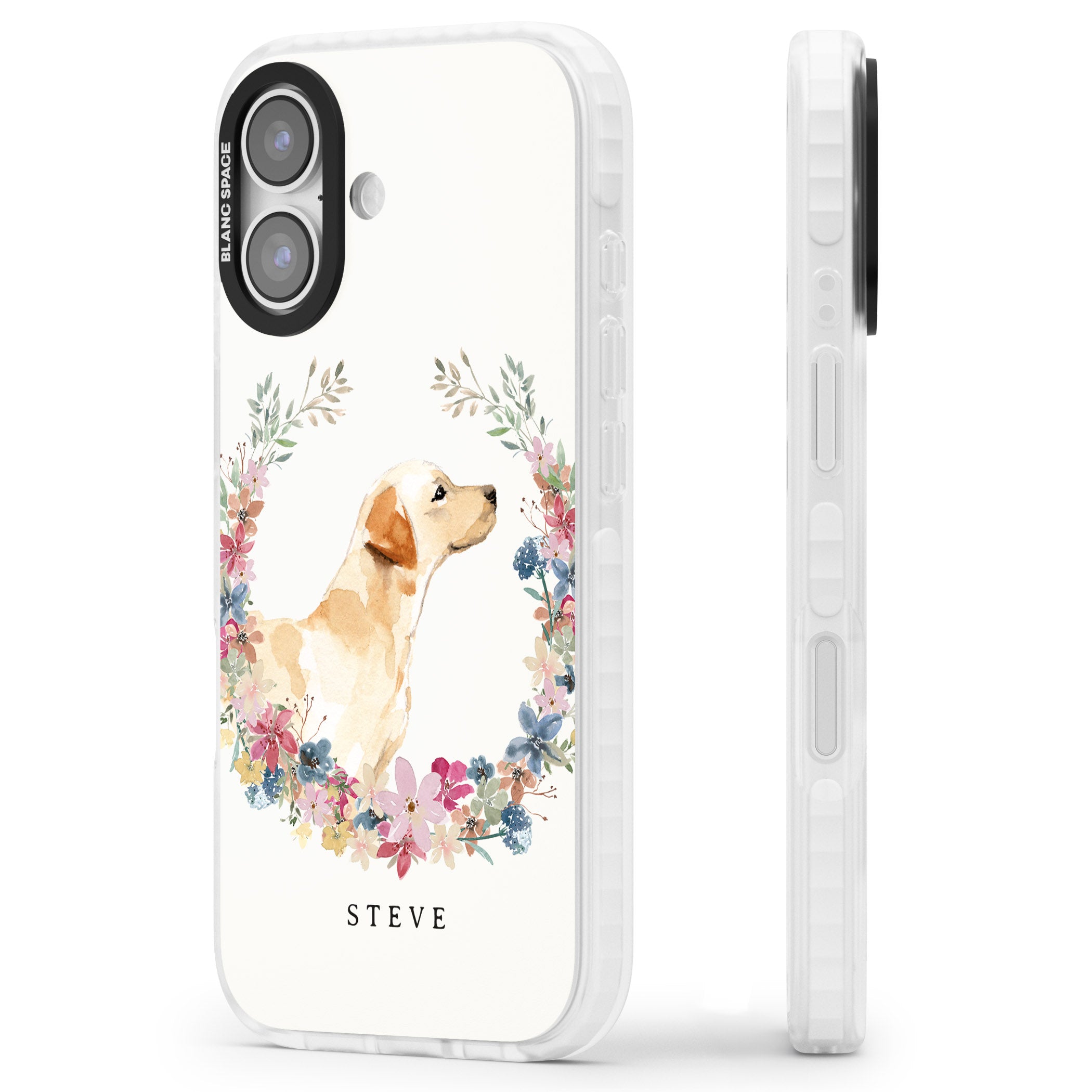 Personalised Yellow Labrador Floral Portrait iPhone 17 Impact Clear Phone Case Side Profile