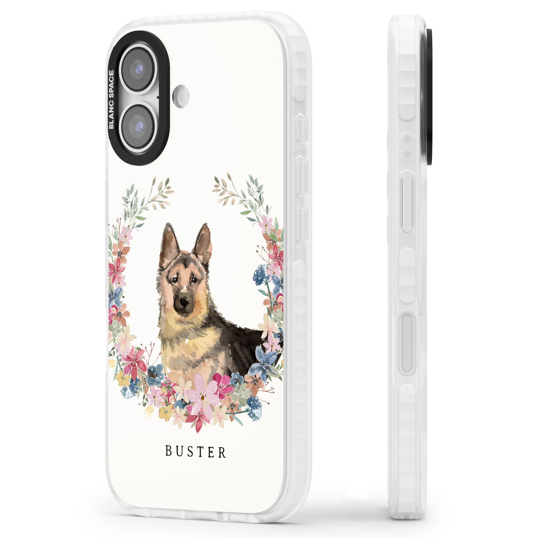 Personalised German Shepherd Floral Portrait iPhone 17 Impact Clear Phone Case Side Profile