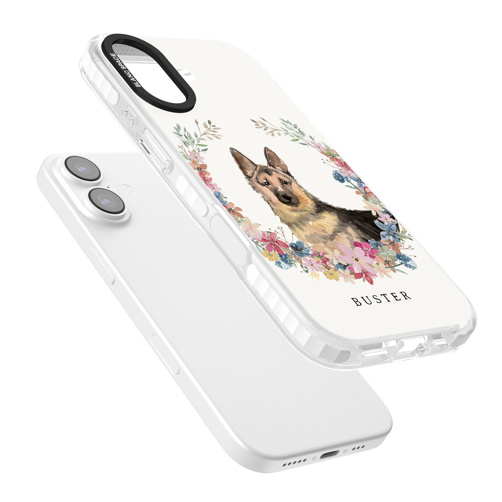 Personalised German Shepherd Floral Portrait iPhone 17 Impact Clear Phone Case Colours