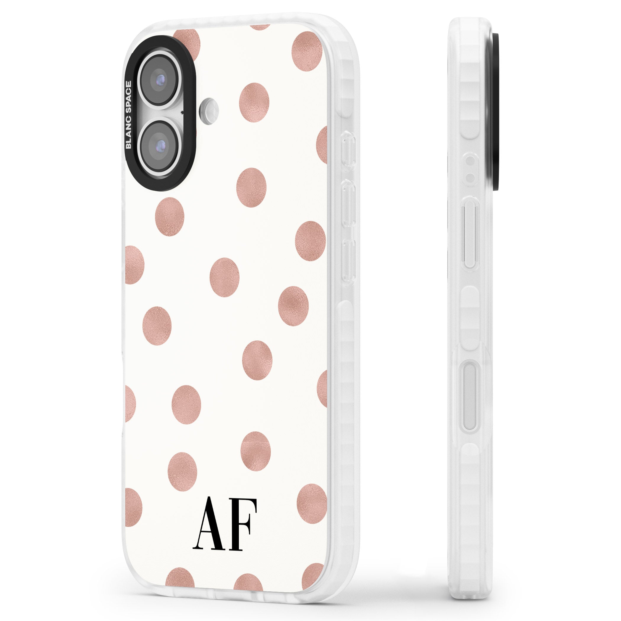 Personalised Rose Gold Dots & Initials iPhone 17 Impact Clear Phone Case Side Profile