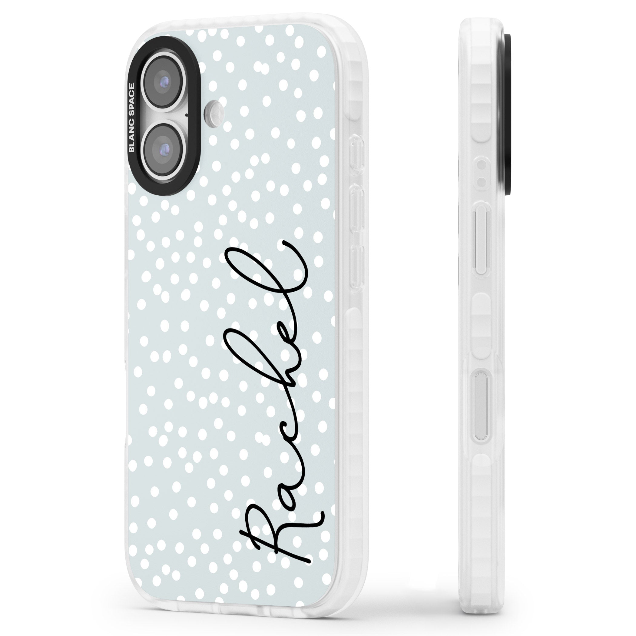 Personalised Vertical Cursive & Dots iPhone 17 Impact Clear Phone Case Side Profile