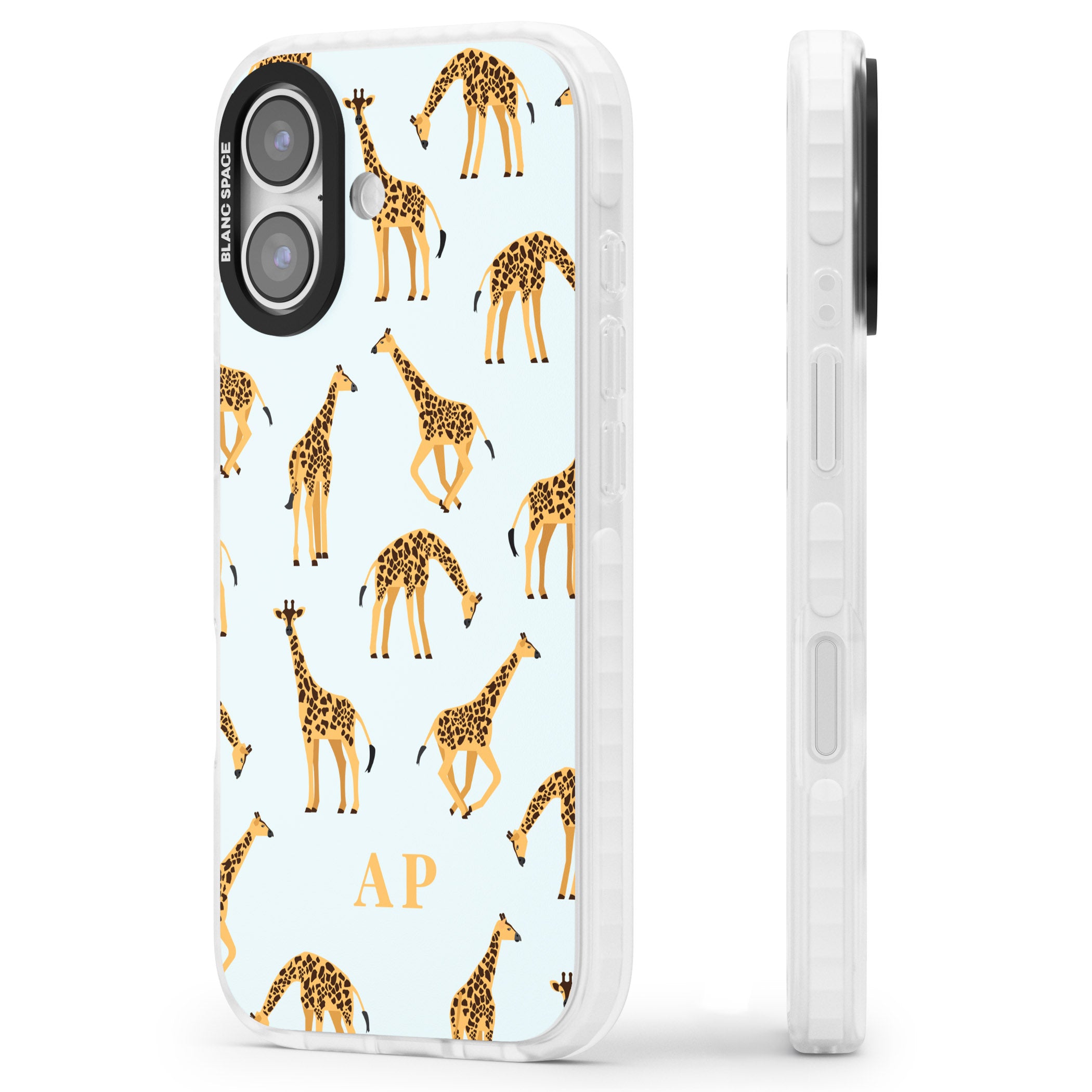 Personalised Safari Giraffe Pattern On Blue iPhone 17 Impact Clear Phone Case Side Profile